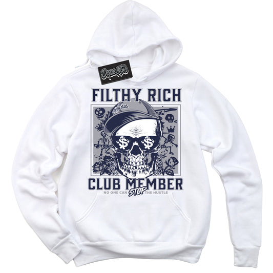Cool White Hoodie with “Filthy Rich” design that Perfectly Matches Midnight Navy 3s Jordans.
