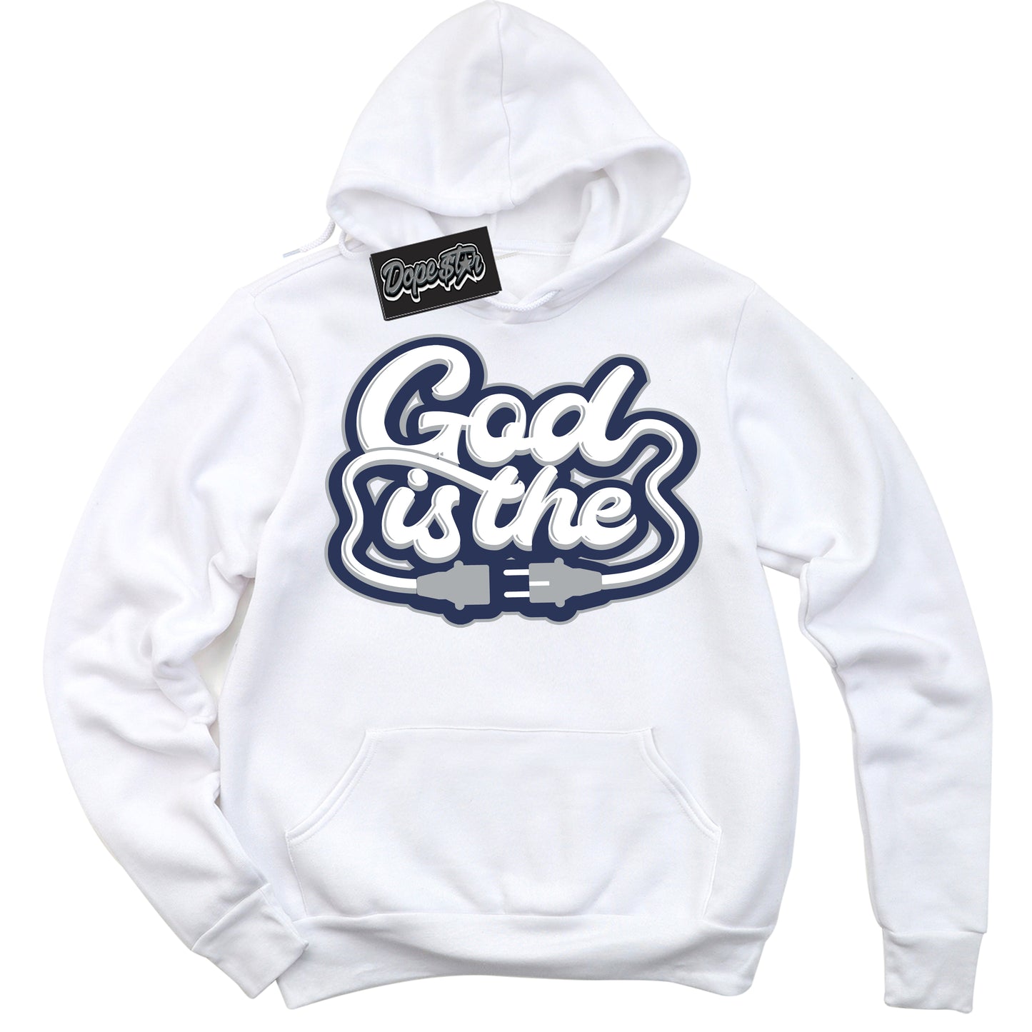 Cool White Hoodie with “God Is The” design that Perfectly Matches Midnight Navy 3s Jordans.
