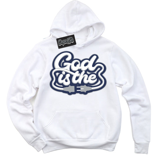 Cool White Hoodie with “God Is The” design that Perfectly Matches Midnight Navy 3s Jordans.
