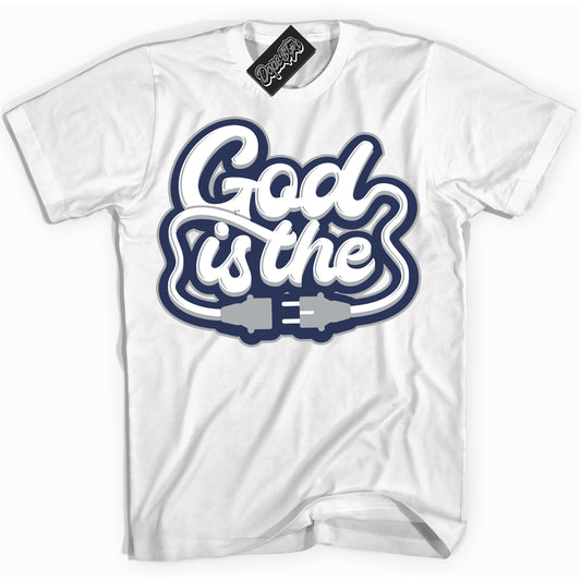 Cool White Shirt with “God Is The” design that perfectly matches the Midnight Navy 3s Jordans.

