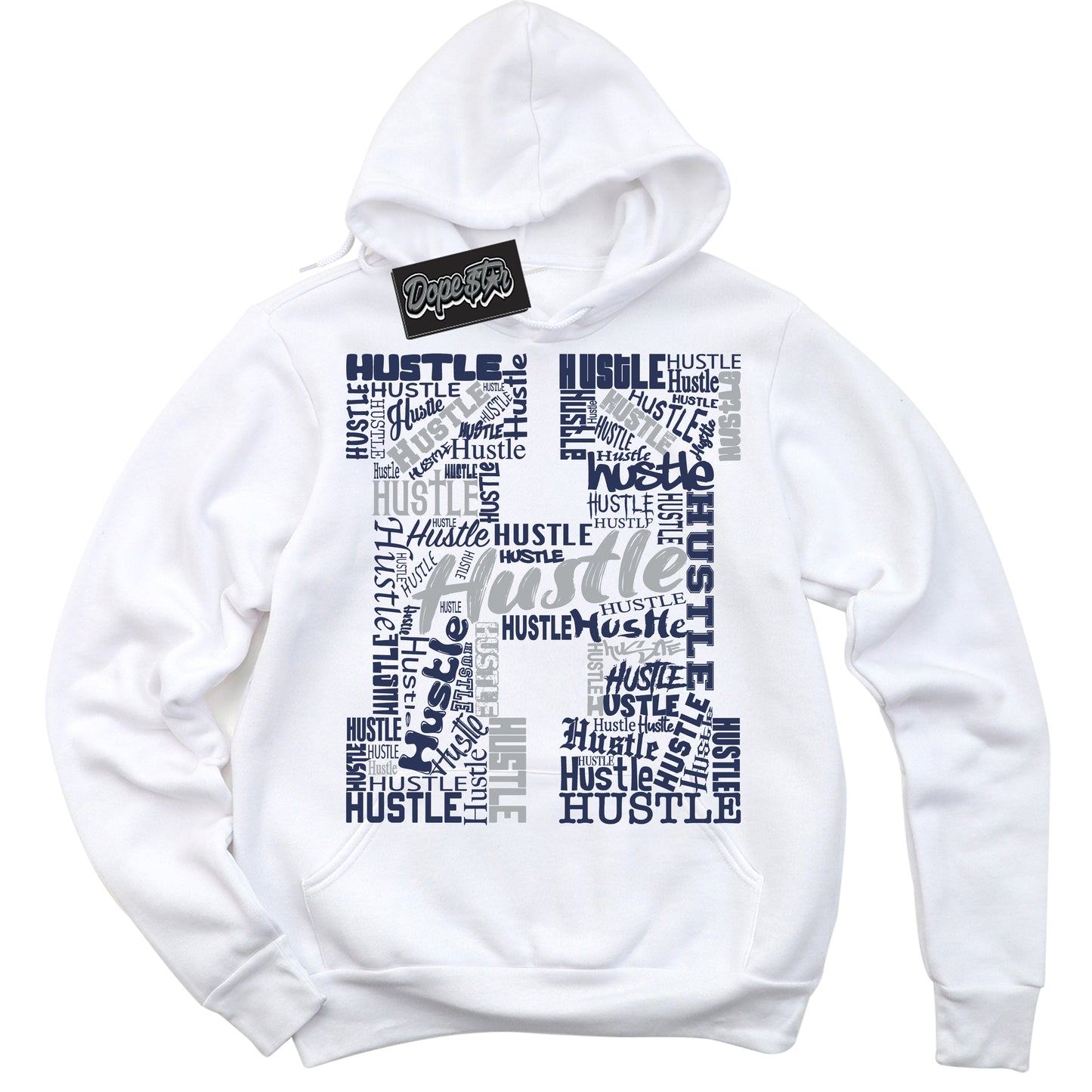 Cool White Hoodie with “Hustle H” design that Perfectly Matches Midnight Navy 3s Jordans.
