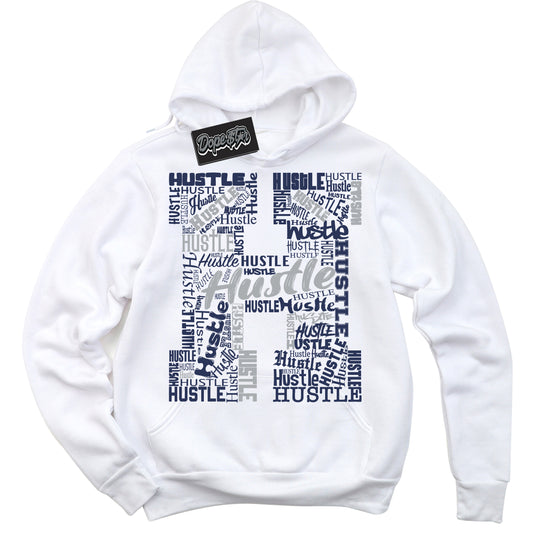 Cool White Hoodie with “Hustle H” design that Perfectly Matches Midnight Navy 3s Jordans.
