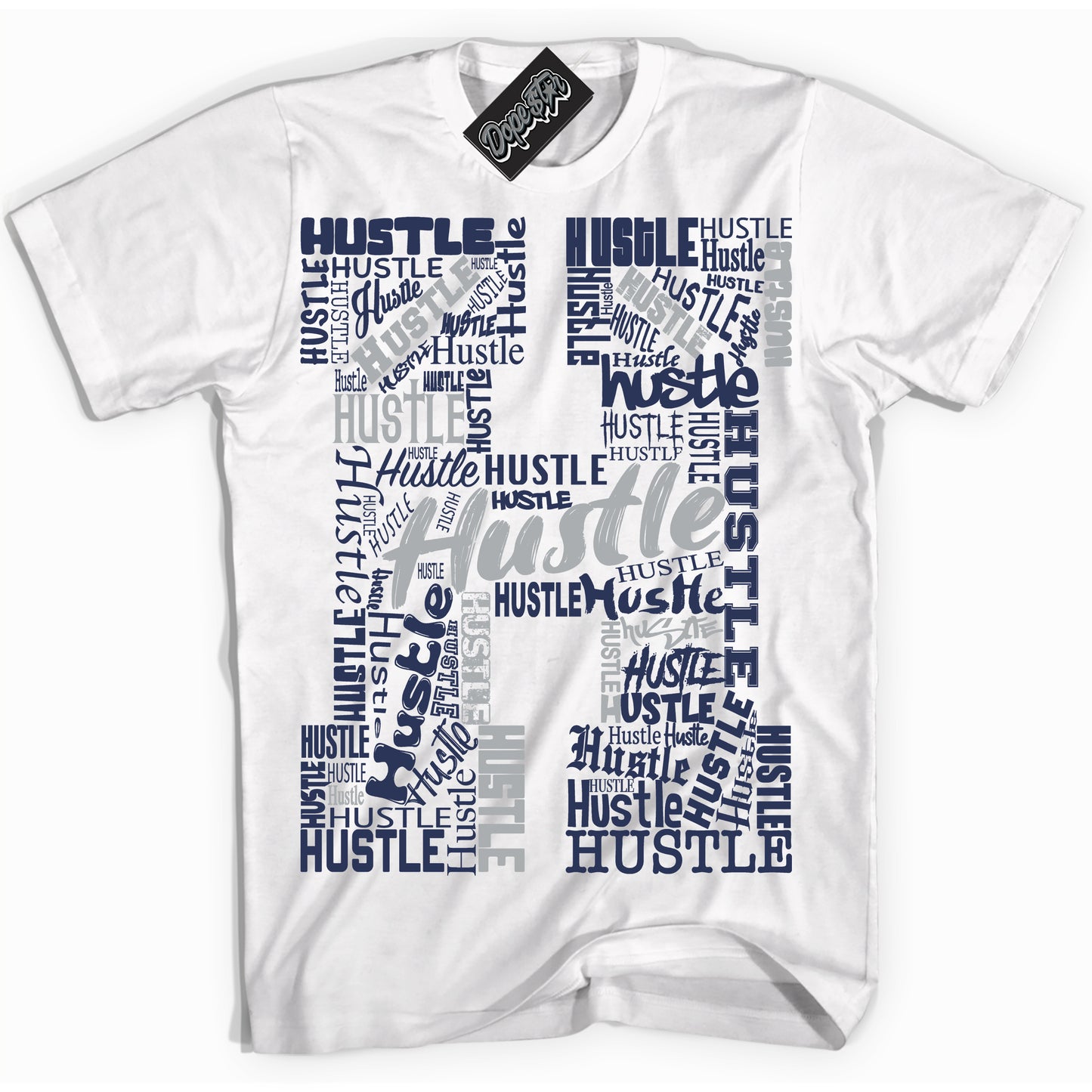 Cool White Shirt with “Hustle H” design that perfectly matches the Midnight Navy 3s Jordans.
