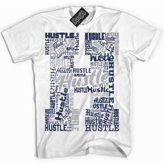 Cool White Shirt with “Hustle H” design that perfectly matches the Midnight Navy 3s Jordans.
