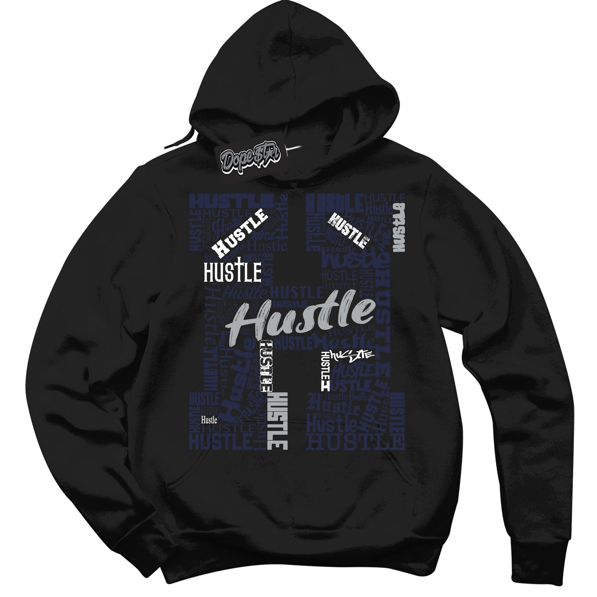 Cool Black Hoodie with “Hustle H” design that Perfectly Matches Midnight Navy 3s Jordans.
