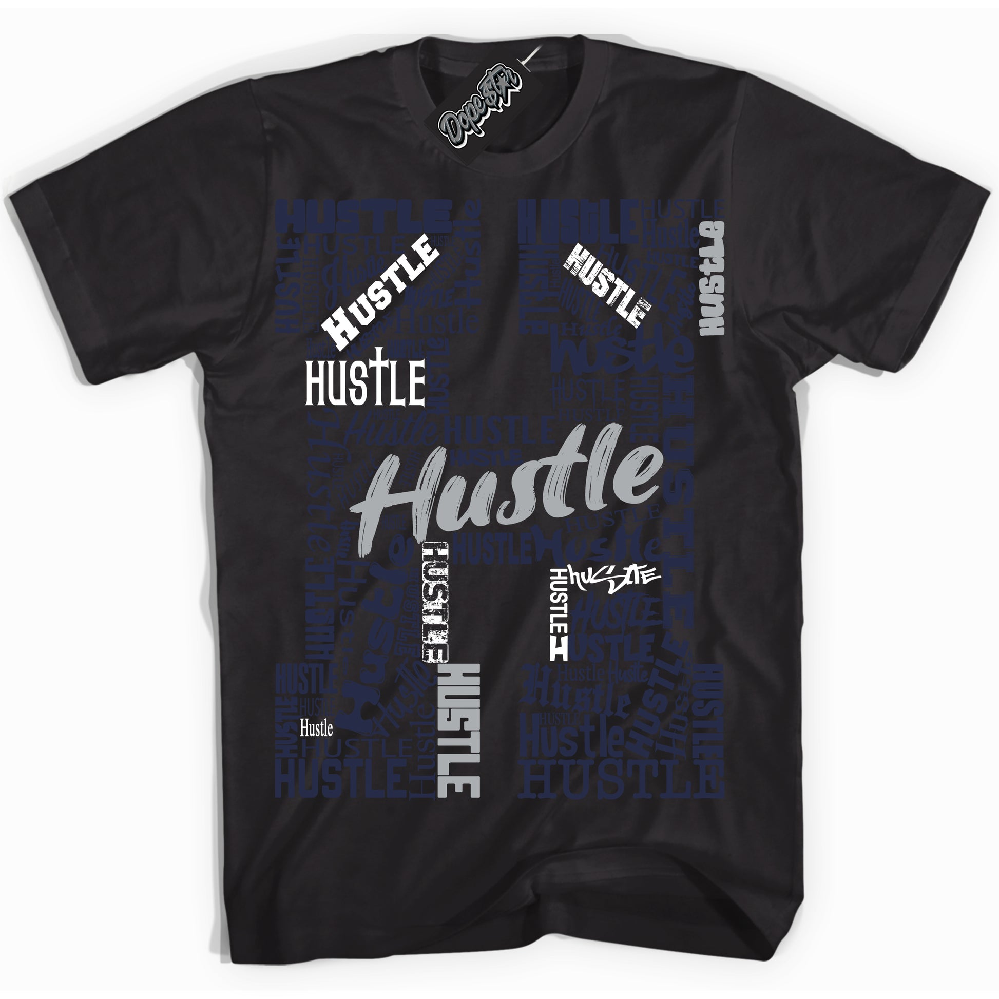 Cool Black Shirt with “Hustle H” design that perfectly matches the Midnight Navy 3s Jordans.
