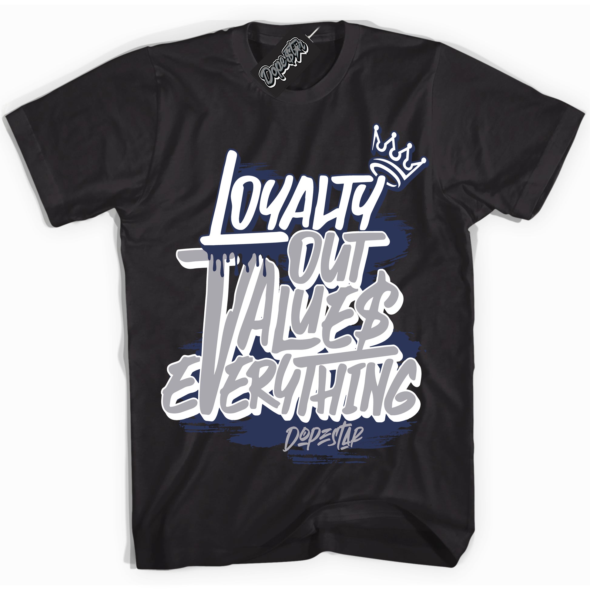 Cool Black Shirt with “Loyalty Out Values Everything” design that perfectly matches the Midnight Navy 3s Jordans.
