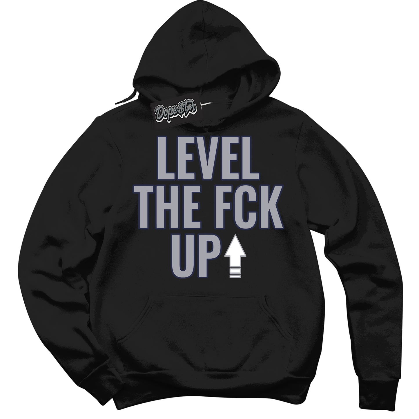 Cool Black Hoodie with “Level The Fck Up” design that Perfectly Matches Midnight Navy 3s Jordans.
