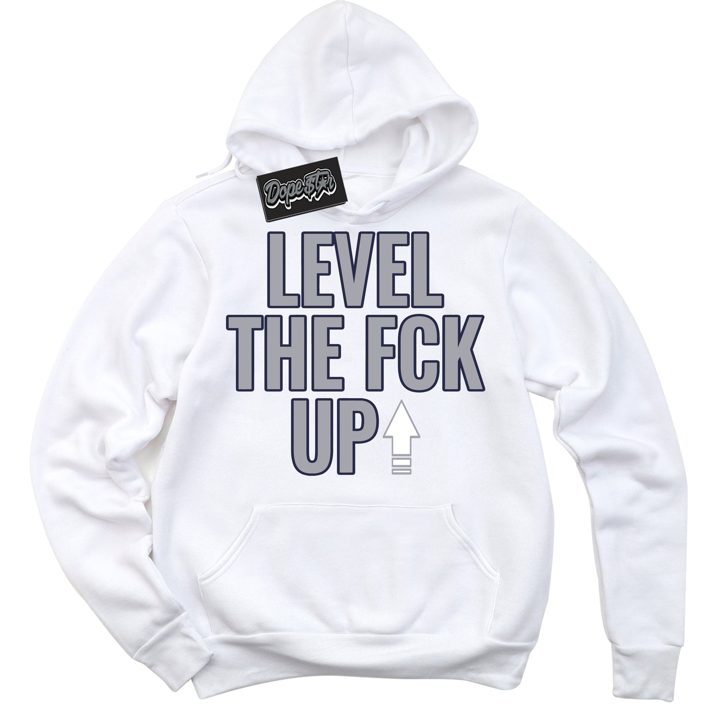 Cool White Hoodie with “Level The Fck Up” design that Perfectly Matches Midnight Navy 3s Jordans.
