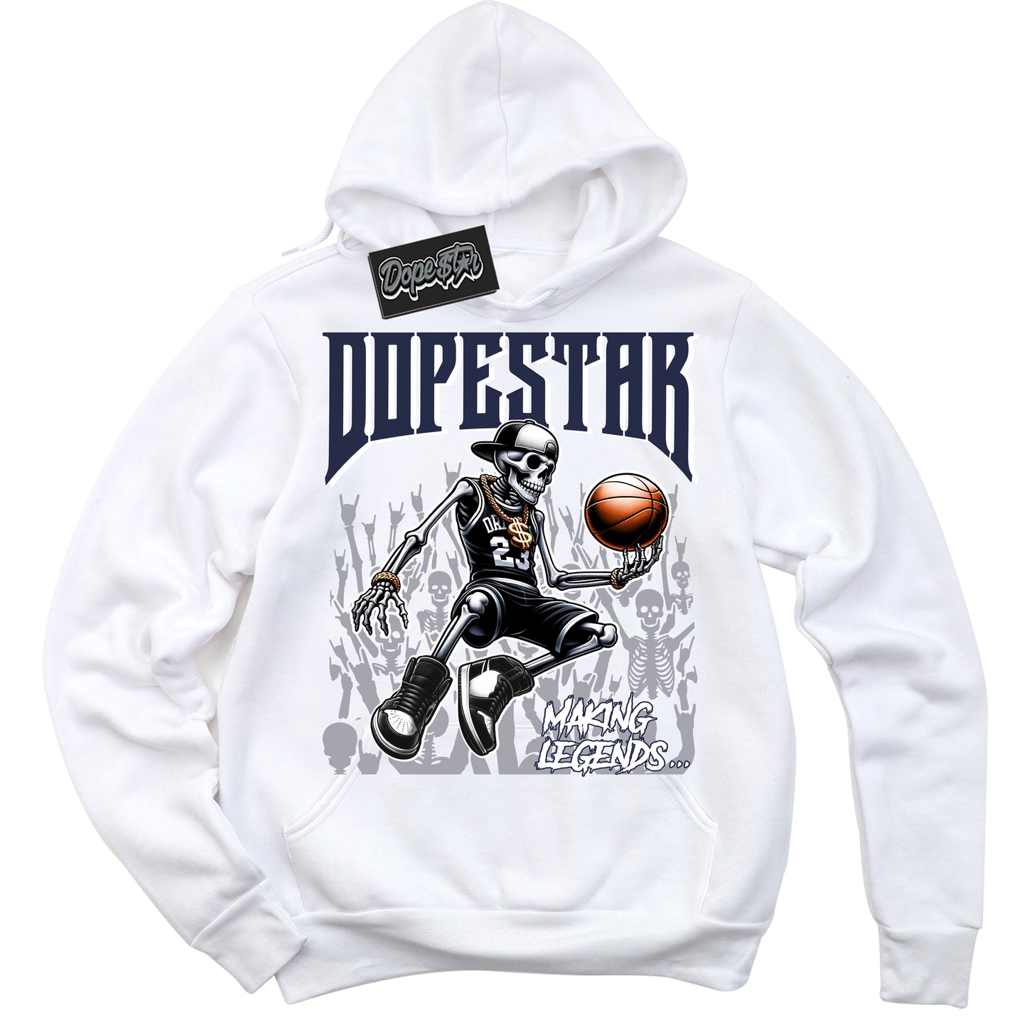 Cool White Hoodie with “Making Legends” design that Perfectly Matches Midnight Navy 3s Jordans.
