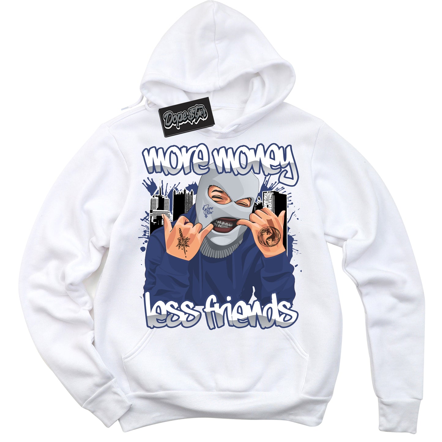 Cool White Hoodie with “More Money Less Friends” design that Perfectly Matches Midnight Navy 3s Jordans.
