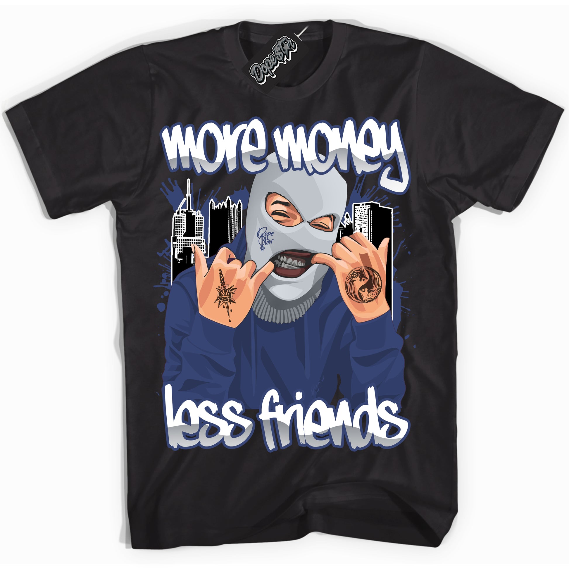Cool Black Shirt with “More Money Less Friends” design that perfectly matches the Midnight Navy 3s Jordans.
