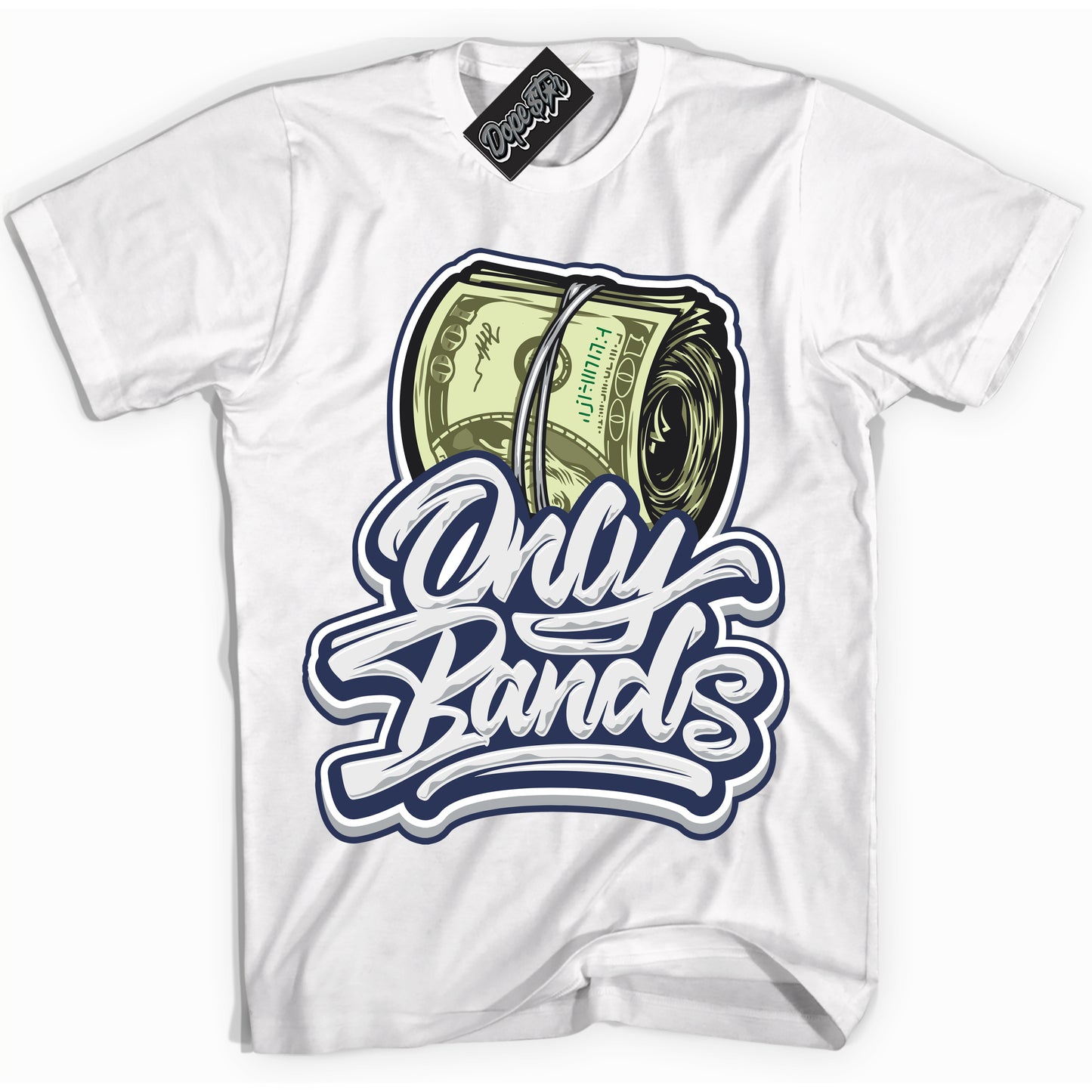 Cool White Shirt with “Only Bands” design that perfectly matches the Midnight Navy 3s Jordans.

