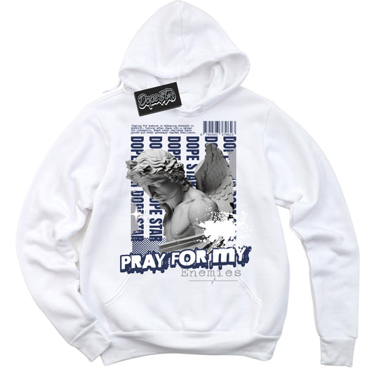 Cool White Hoodie with “Pray Enemies” design that Perfectly Matches Midnight Navy 3s Jordans.
