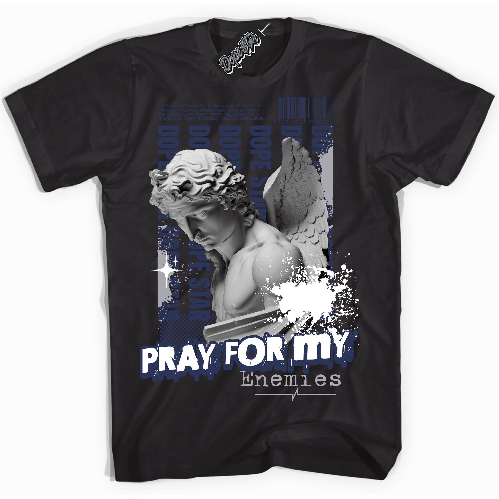Cool Black Shirt with “Pray Enemies” design that perfectly matches the Midnight Navy 3s Jordans.
