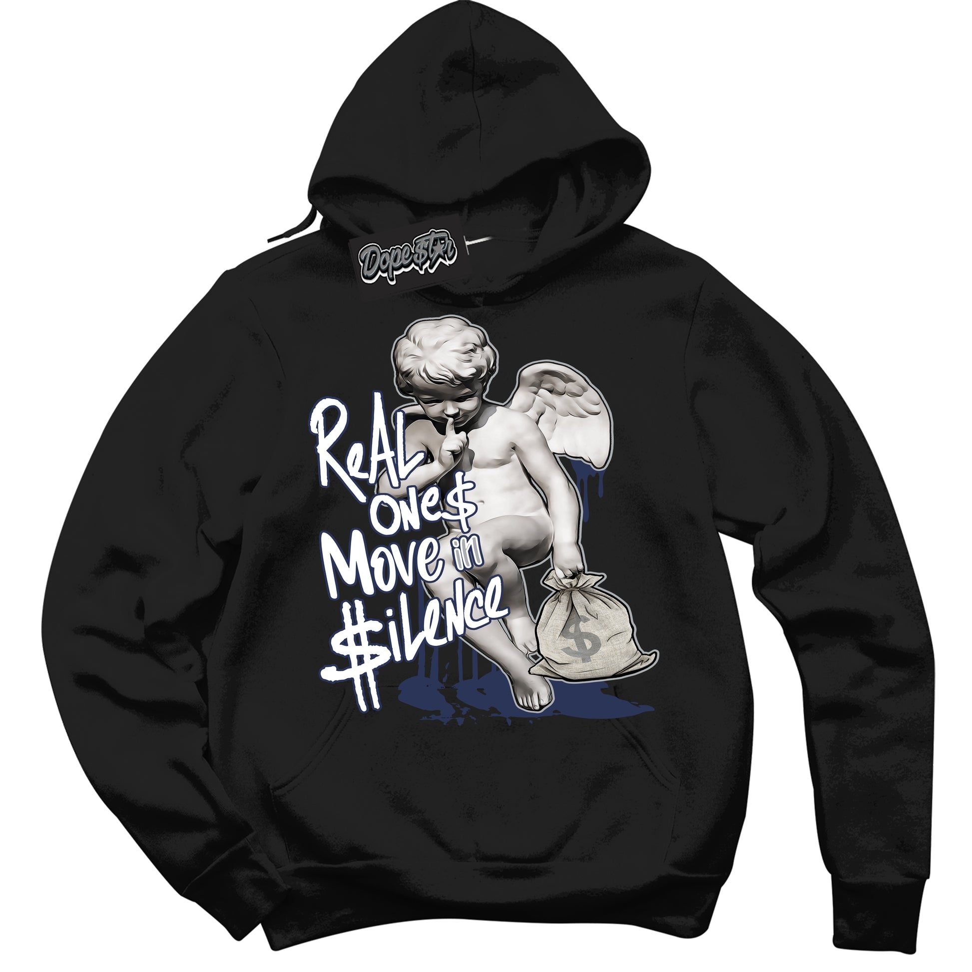 Cool Black Hoodie with “Real Ones Cherub” design that Perfectly Matches Midnight Navy 3s Jordans.
