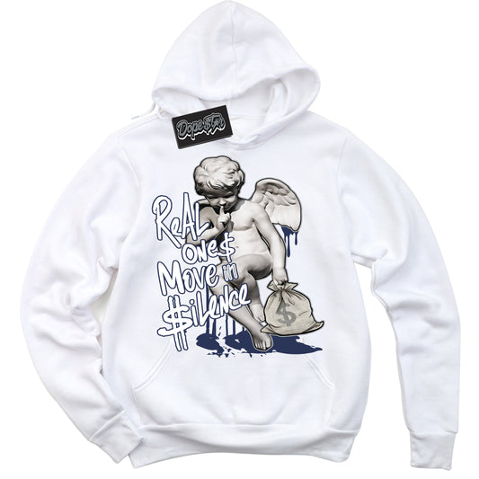 Cool White Hoodie with “Real Ones Cherub” design that Perfectly Matches Midnight Navy 3s Jordans.
