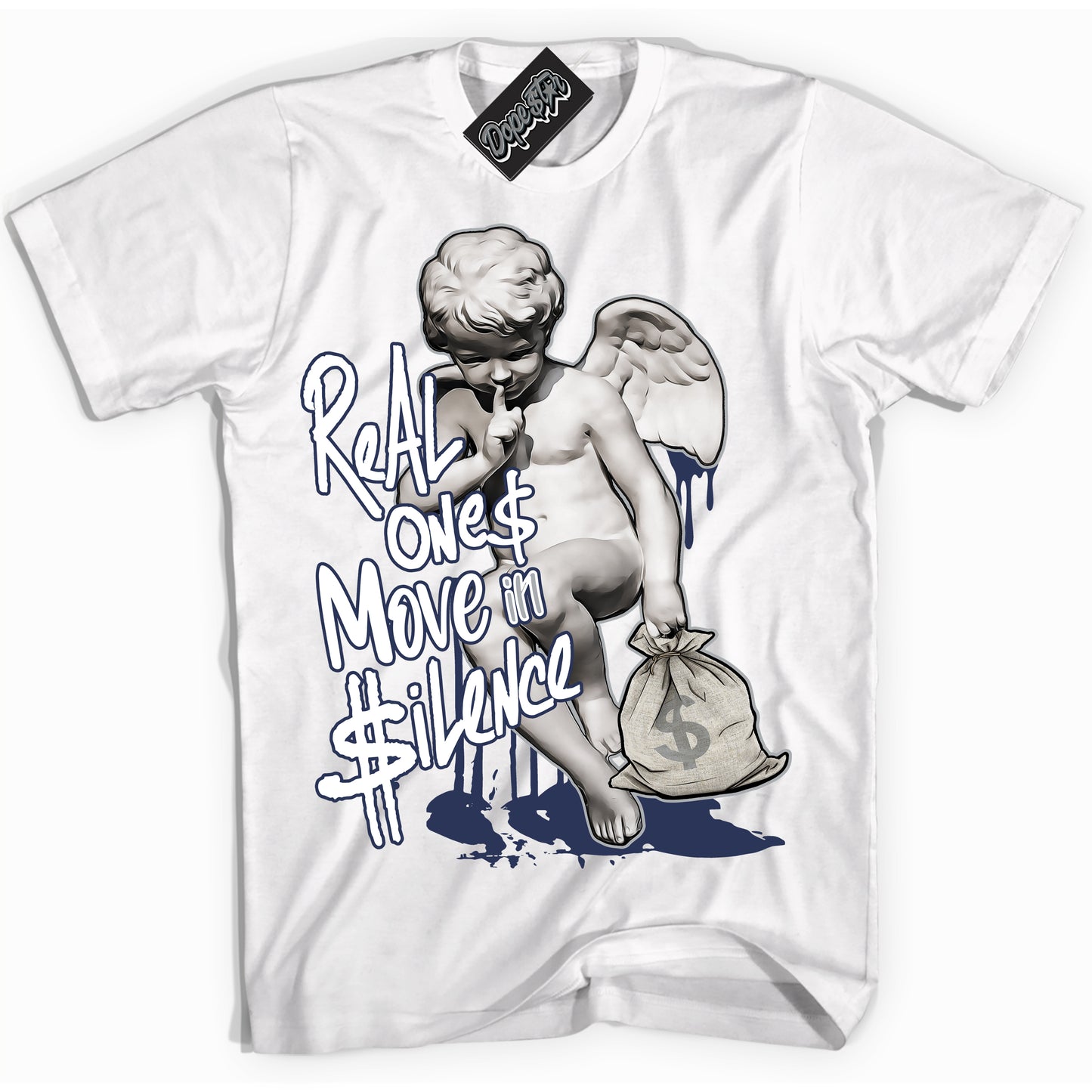 Cool White Shirt with “Real Ones Cherub” design that perfectly matches the Midnight Navy 3s Jordans.

