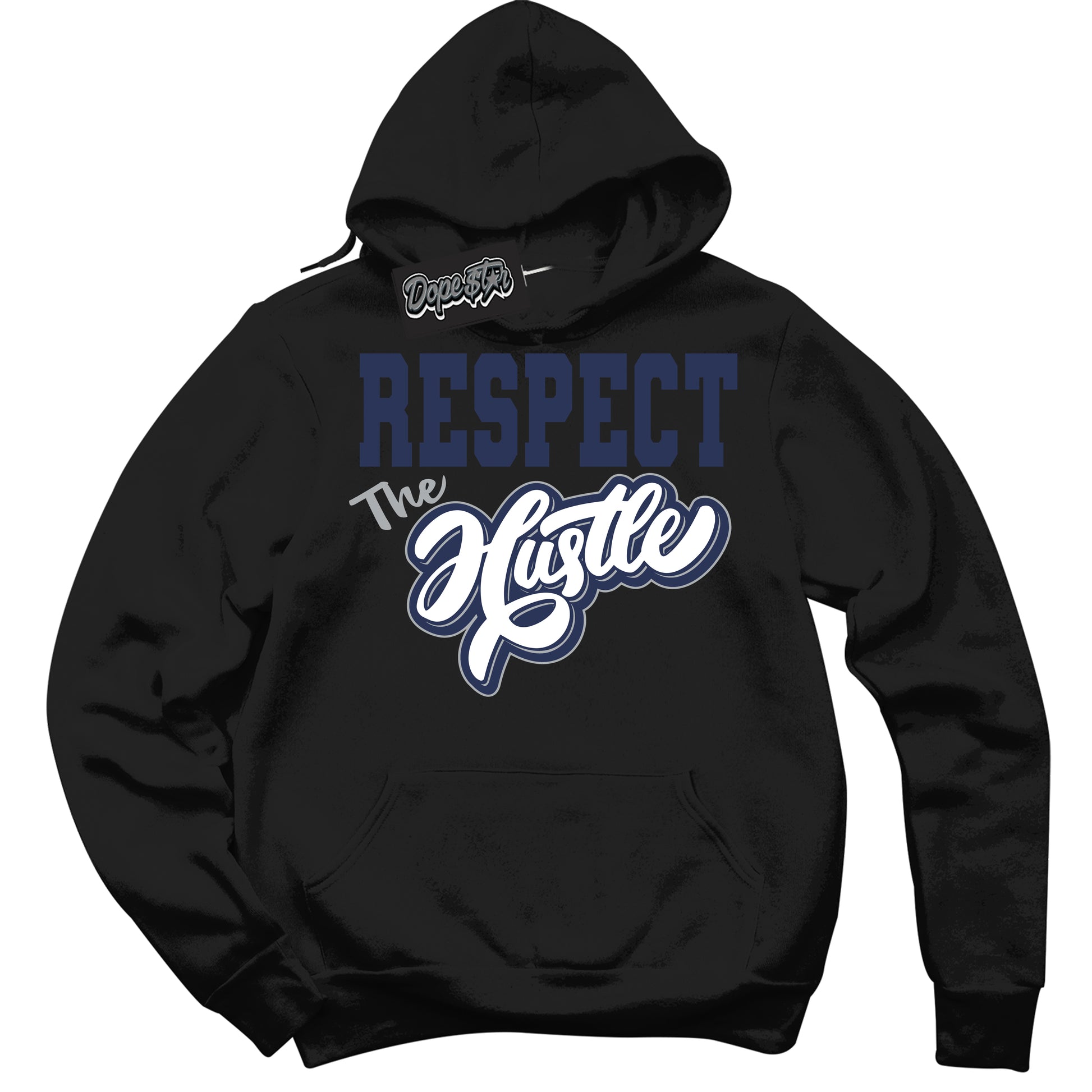Cool Black Hoodie with “Respect The Hustle” design that Perfectly Matches Midnight Navy 3s Jordans.
