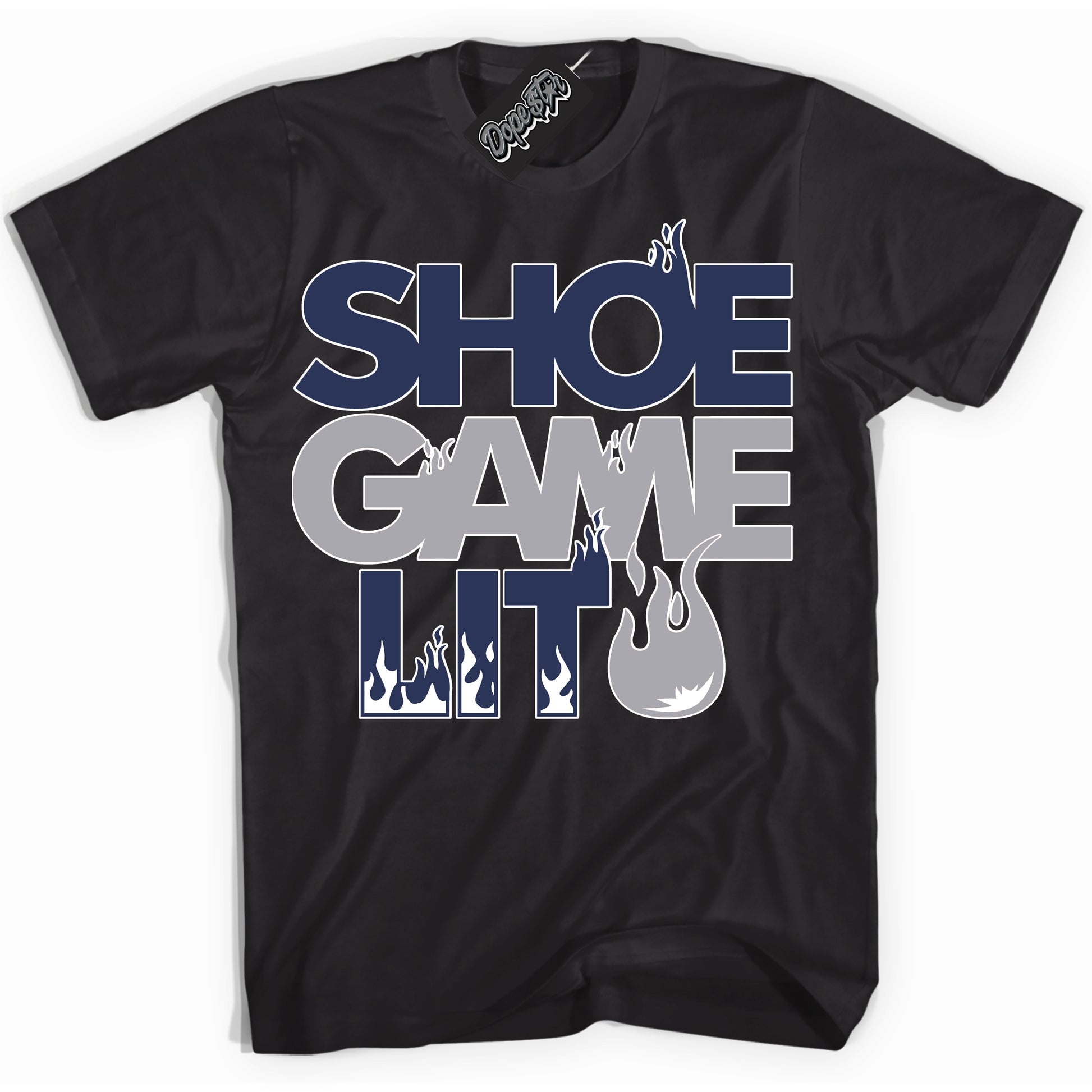 Cool Black Shirt with “Shoe Game Lit” design that perfectly matches the Midnight Navy 3s Jordans.
