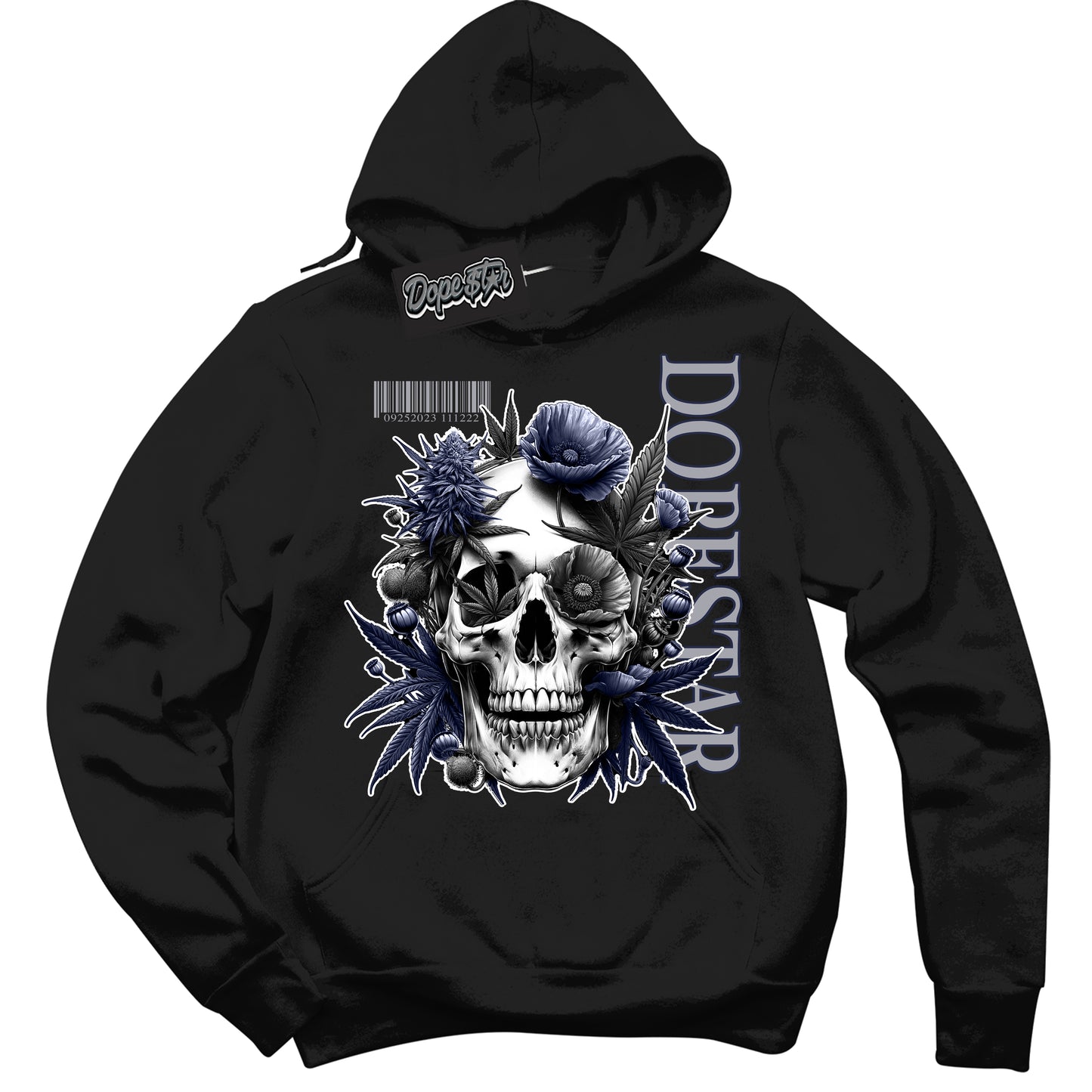 Cool Black Hoodie with “Skull Poppies” design that Perfectly Matches Midnight Navy 3s Jordans.
