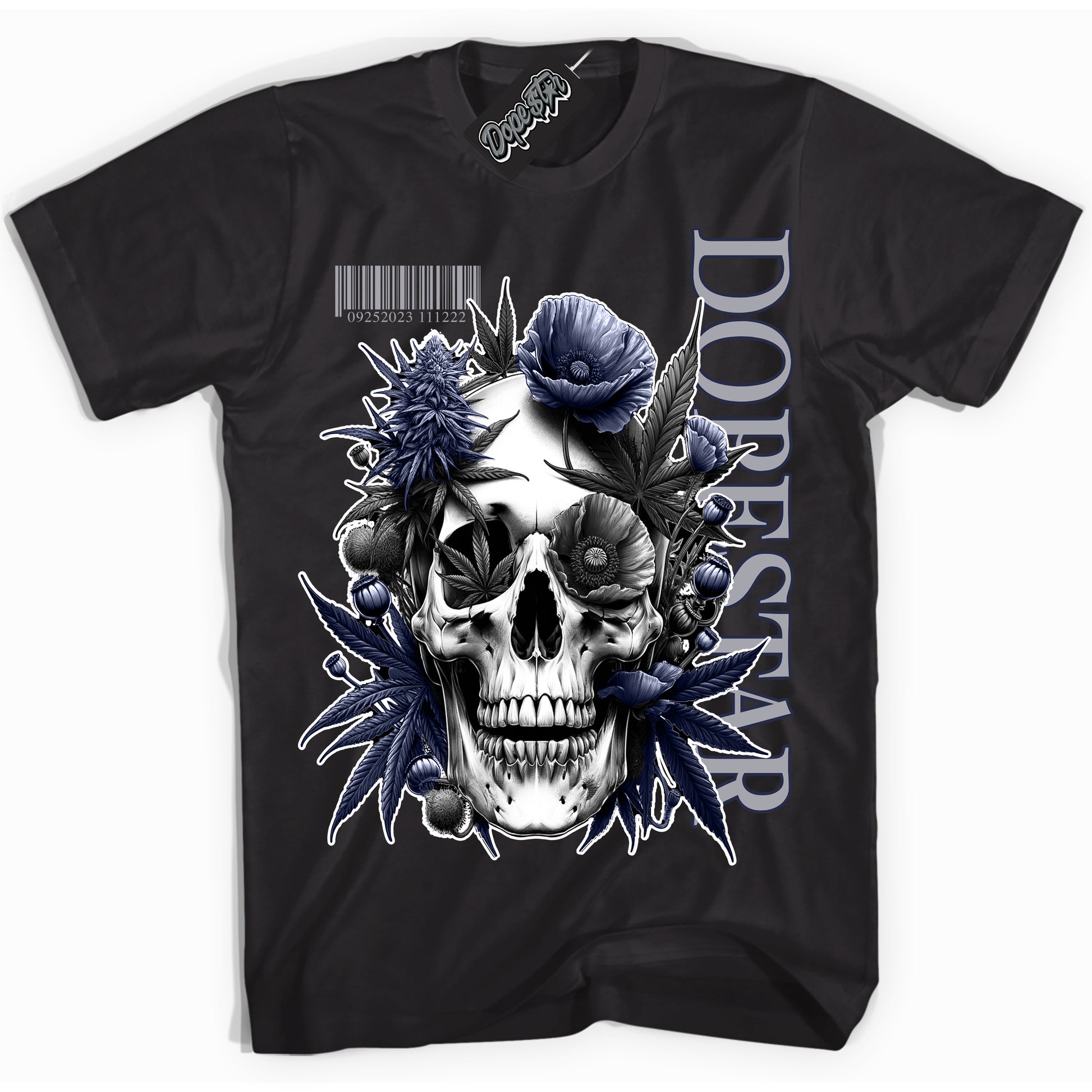 Cool Black Shirt with “Skull Poppies” design that perfectly matches the Midnight Navy 3s Jordans.
