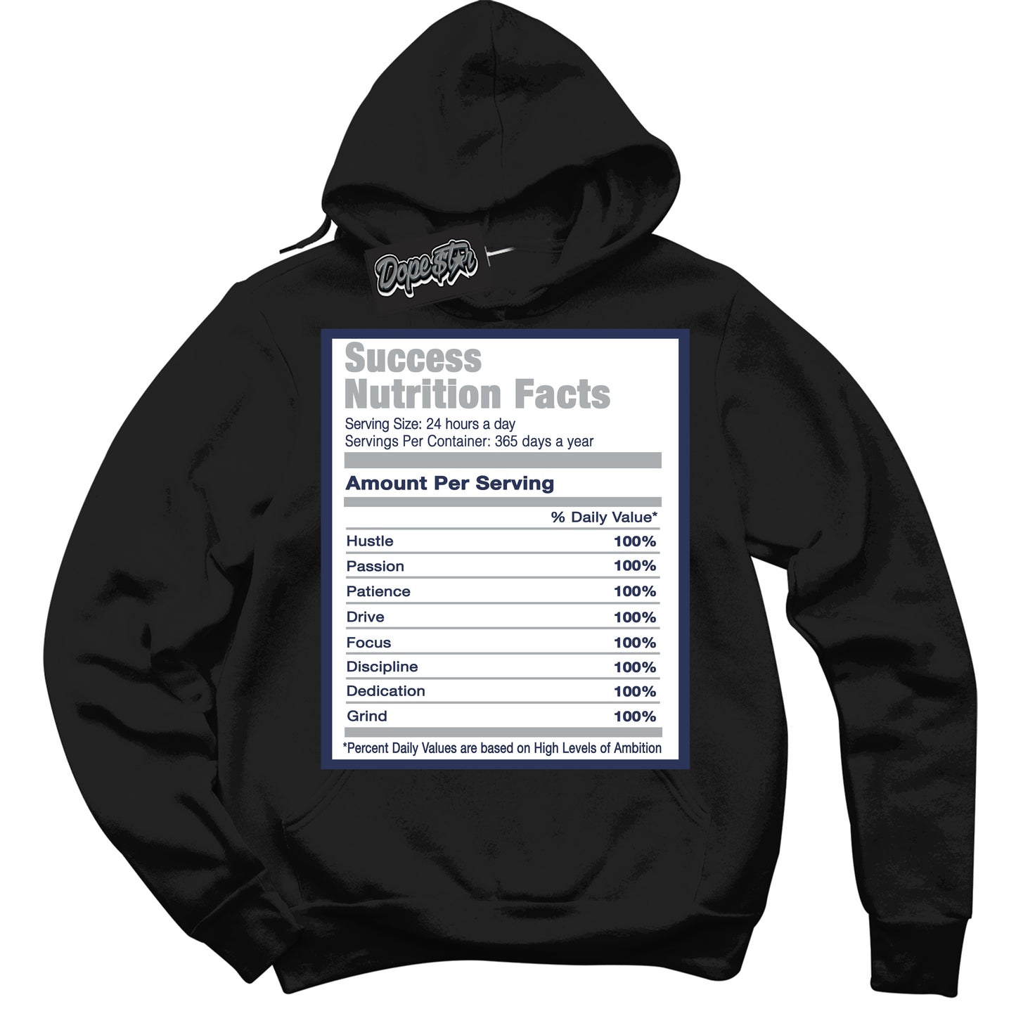Cool Black Hoodie with “Success Nutrition” design that Perfectly Matches Midnight Navy 3s Jordans.
