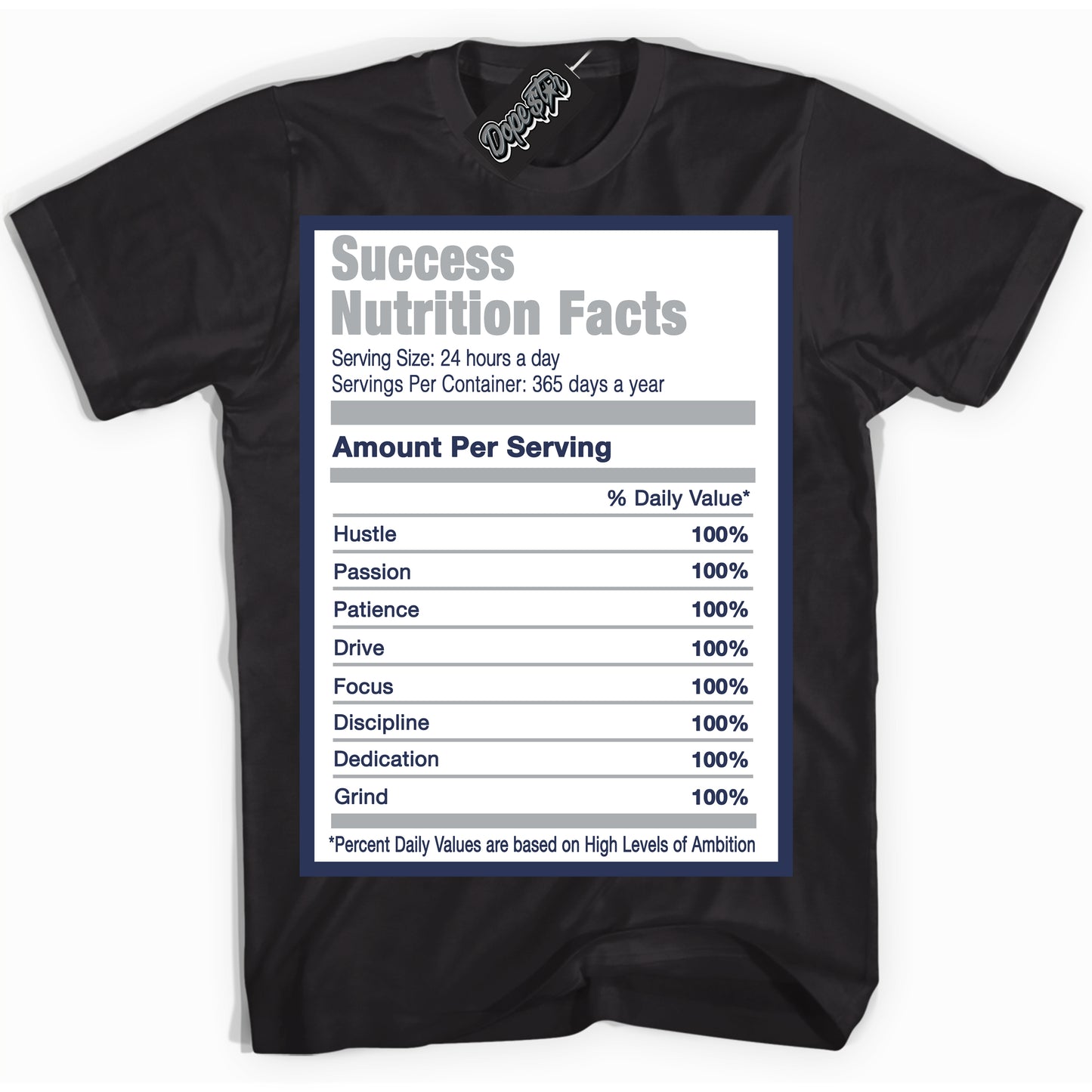 Cool Black Shirt with “Success Nutrition” design that perfectly matches the Midnight Navy 3s Jordans.
