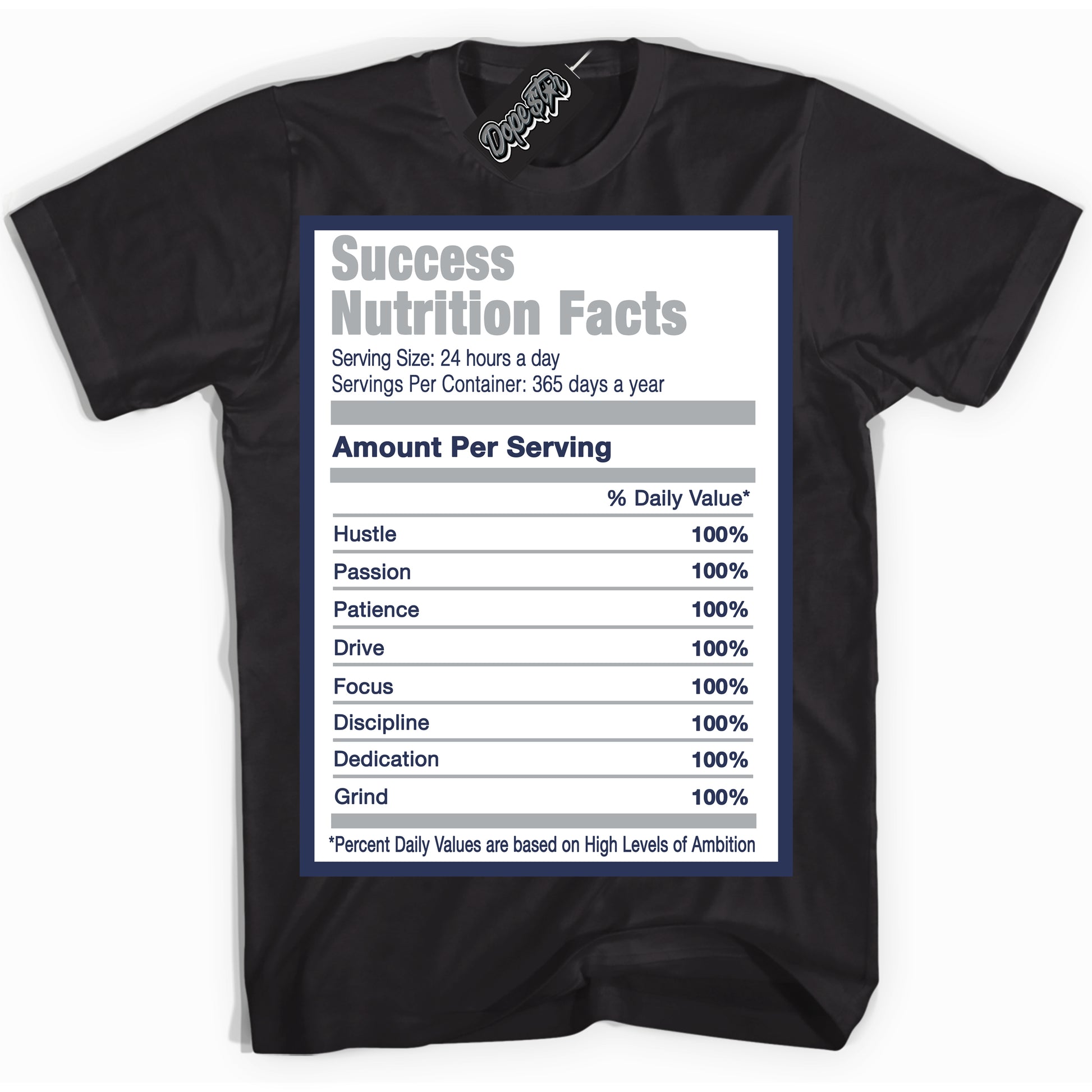 Cool Black Shirt with “Success Nutrition” design that perfectly matches the Midnight Navy 3s Jordans.
