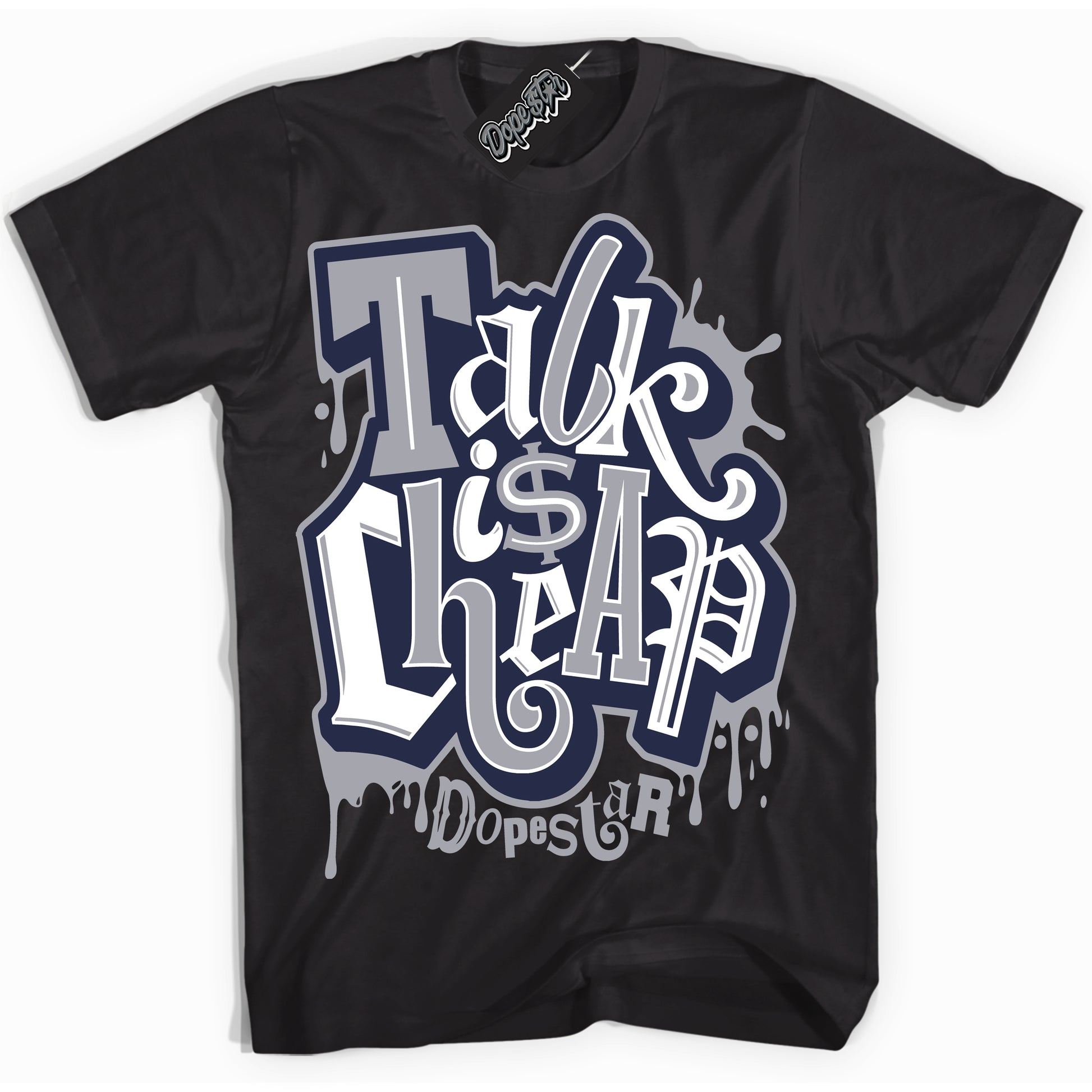 Cool Black Shirt with “Talk Is Cheap” design that perfectly matches the Midnight Navy 3s Jordans.
