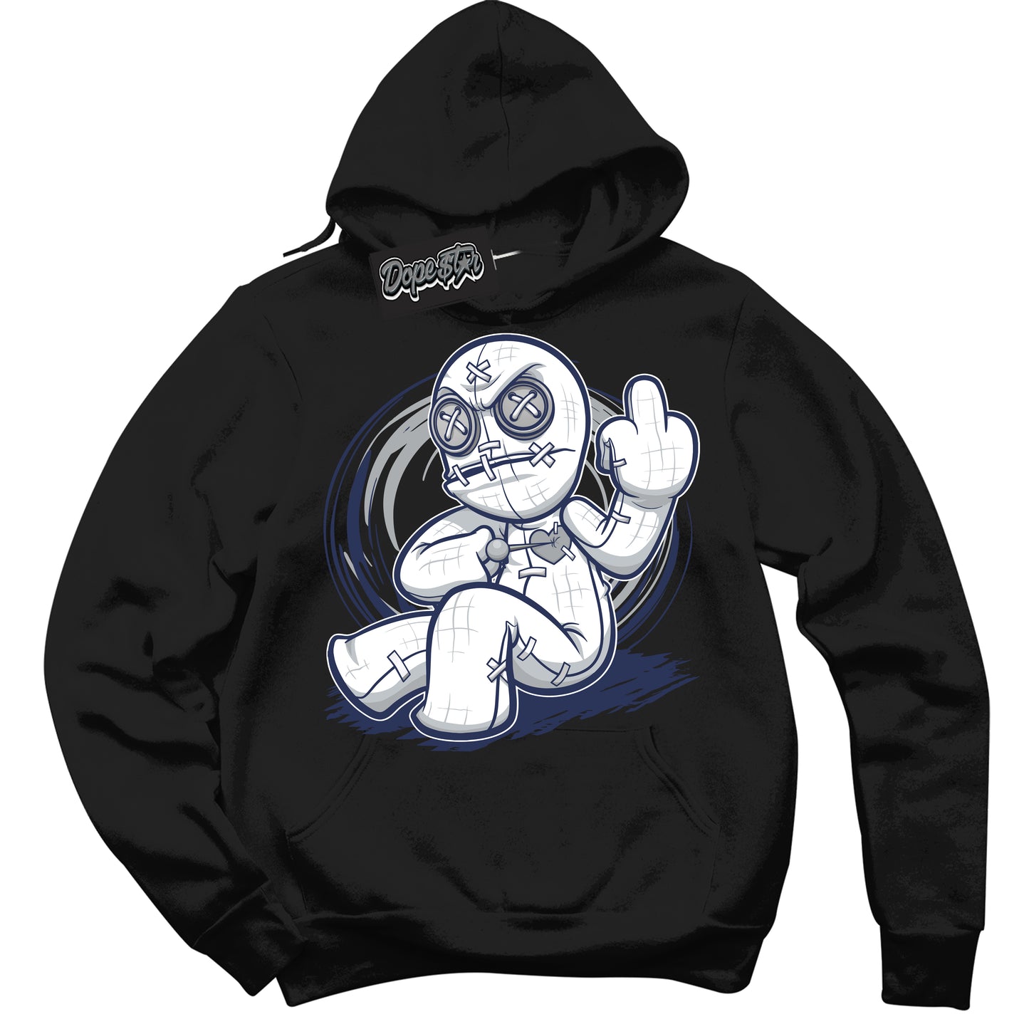 Cool Black Hoodie with “Voodoo Doll” design that Perfectly Matches Midnight Navy 3s Jordans.