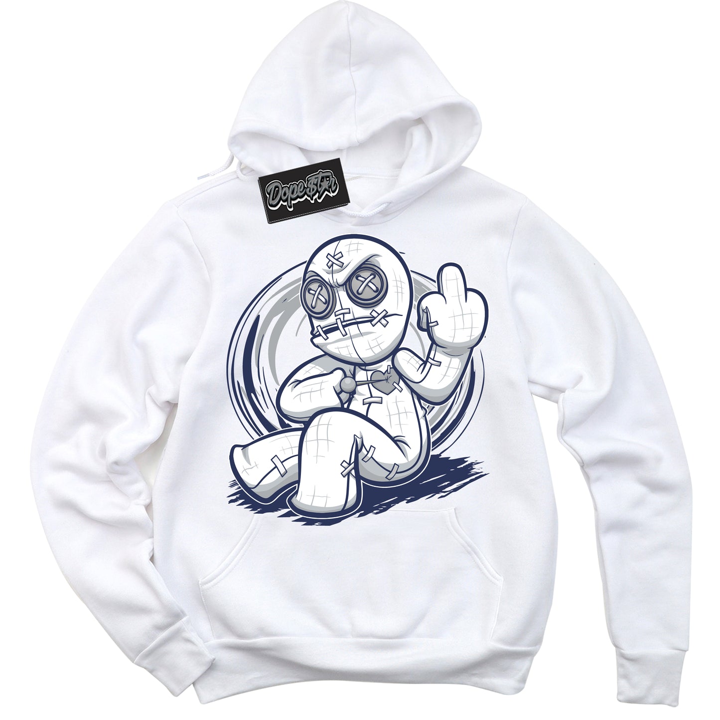 Cool White Hoodie with “Voodoo Doll” design that Perfectly Matches Midnight Navy 3s Jordans.
