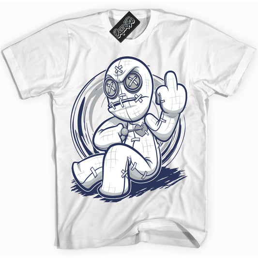 Cool White Shirt with “Voodoo Doll” design that perfectly matches the Midnight Navy 3s Jordans.
