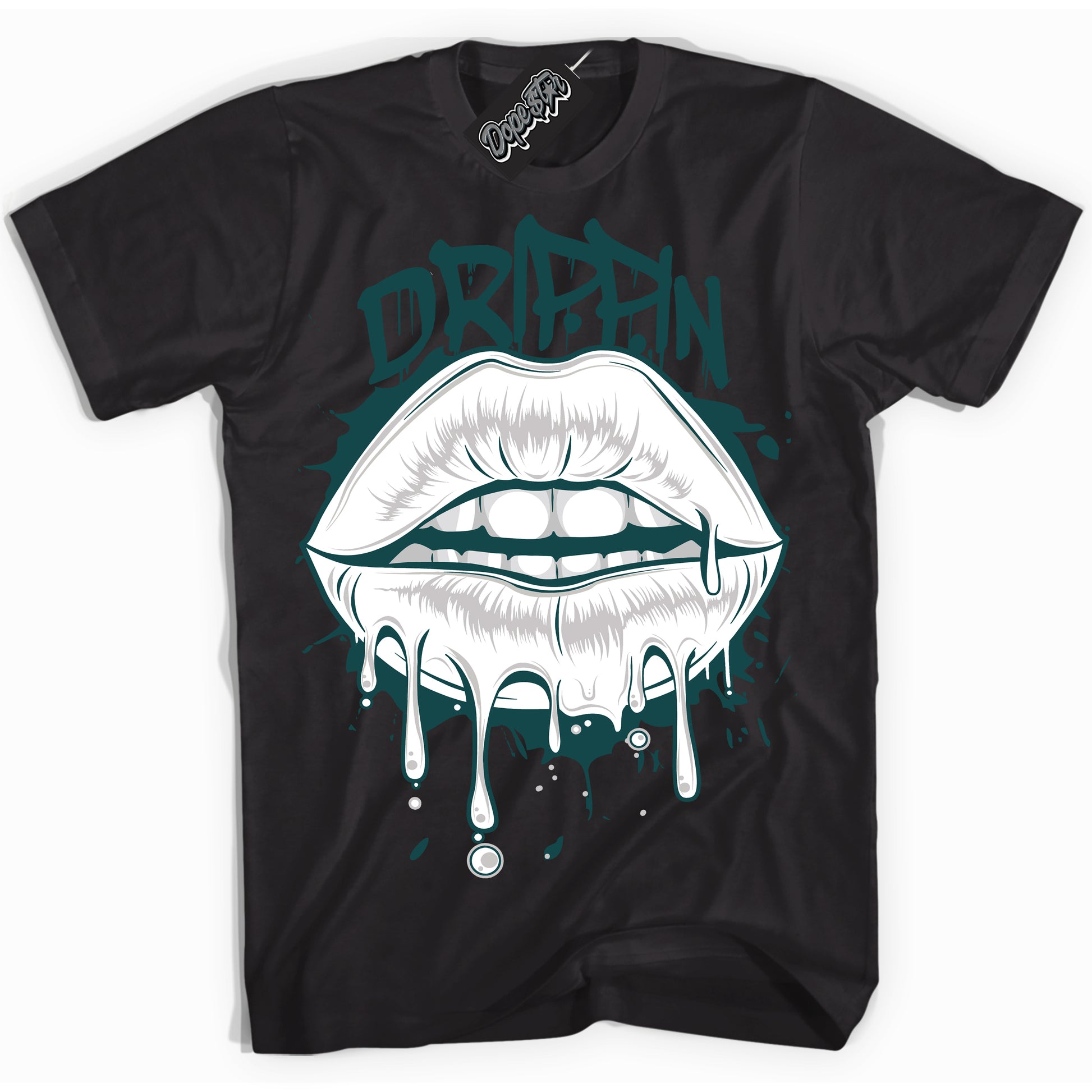 Cool Black Shirt with “ Drippin ” design that perfectly matches Oxidized Green 4s Jordans.