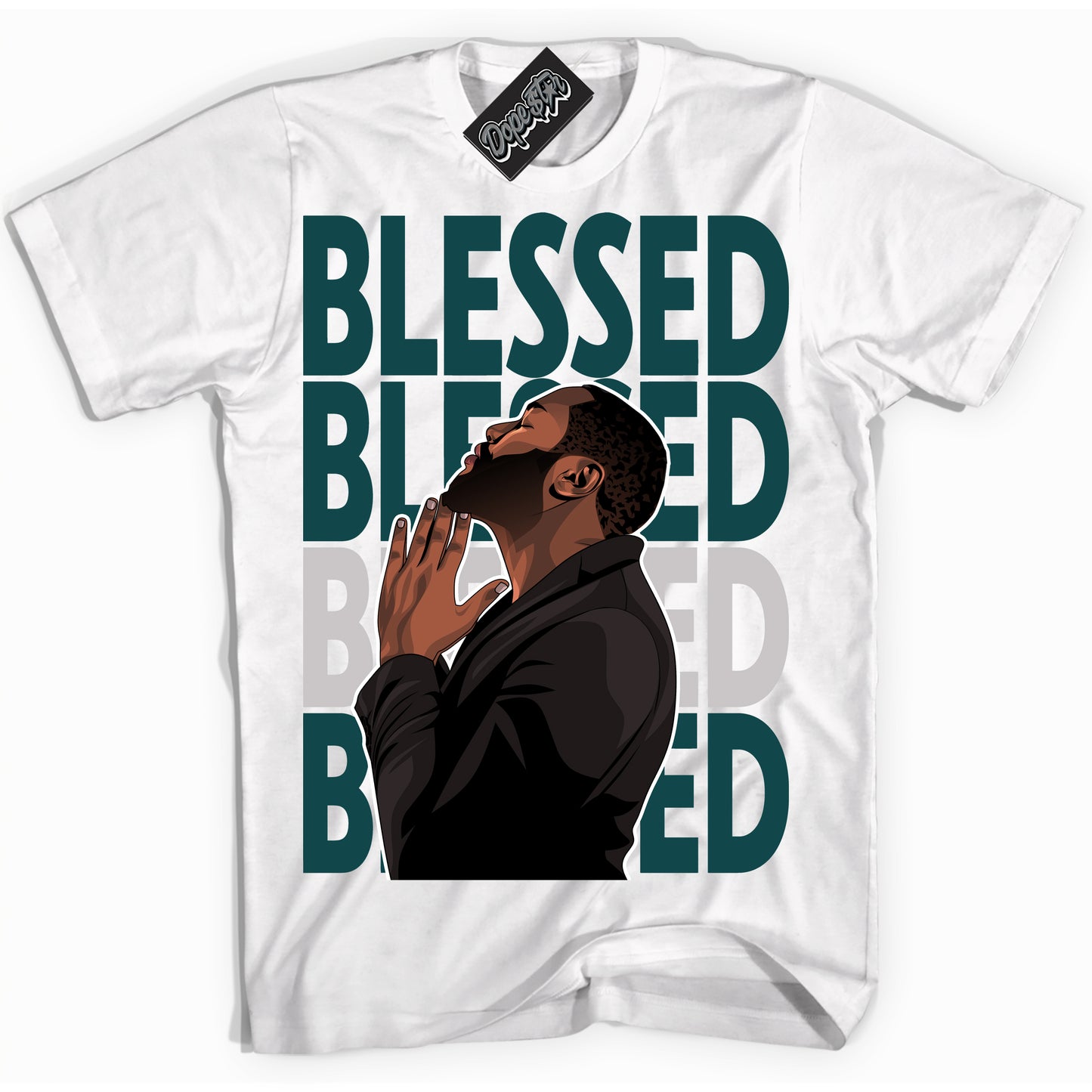 Cool White Shirt with “ God Blessed” design that perfectly matches Oxidized Green 4s Jordans.