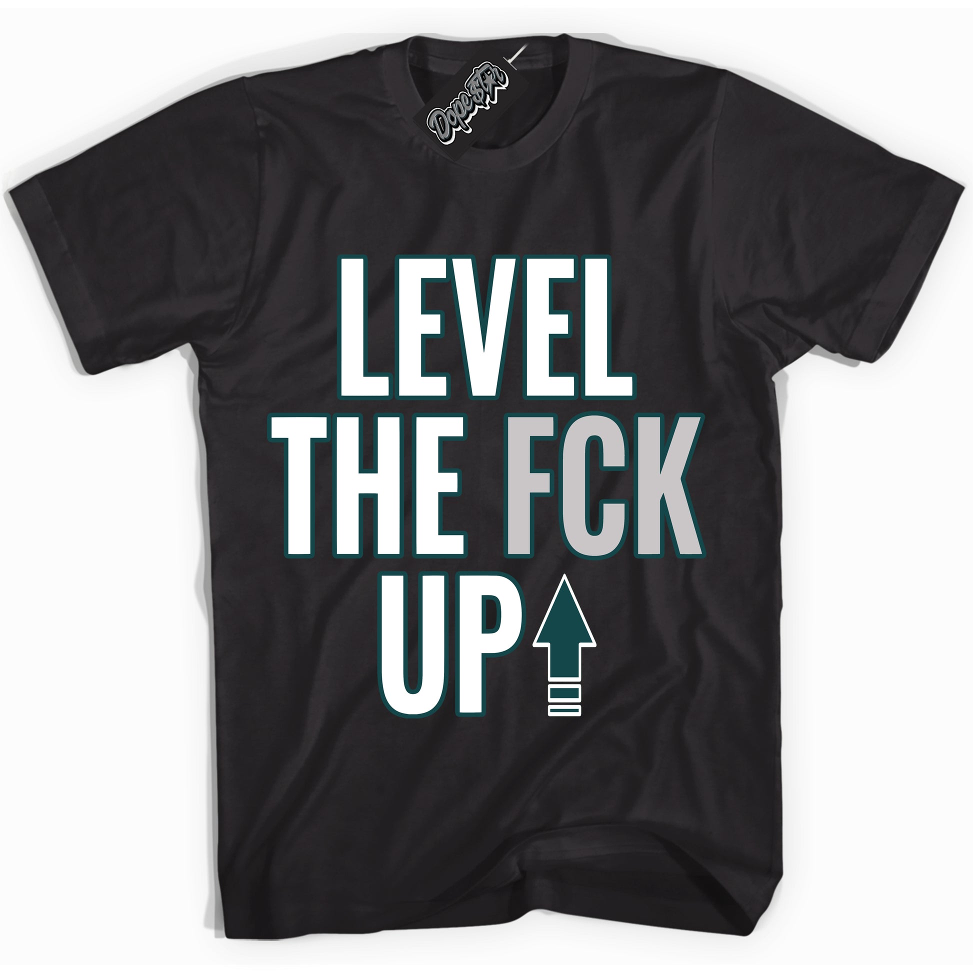 Cool Black Shirt with “ Level The Fck Up” design that perfectly matches Oxidized Green 4s Jordans.