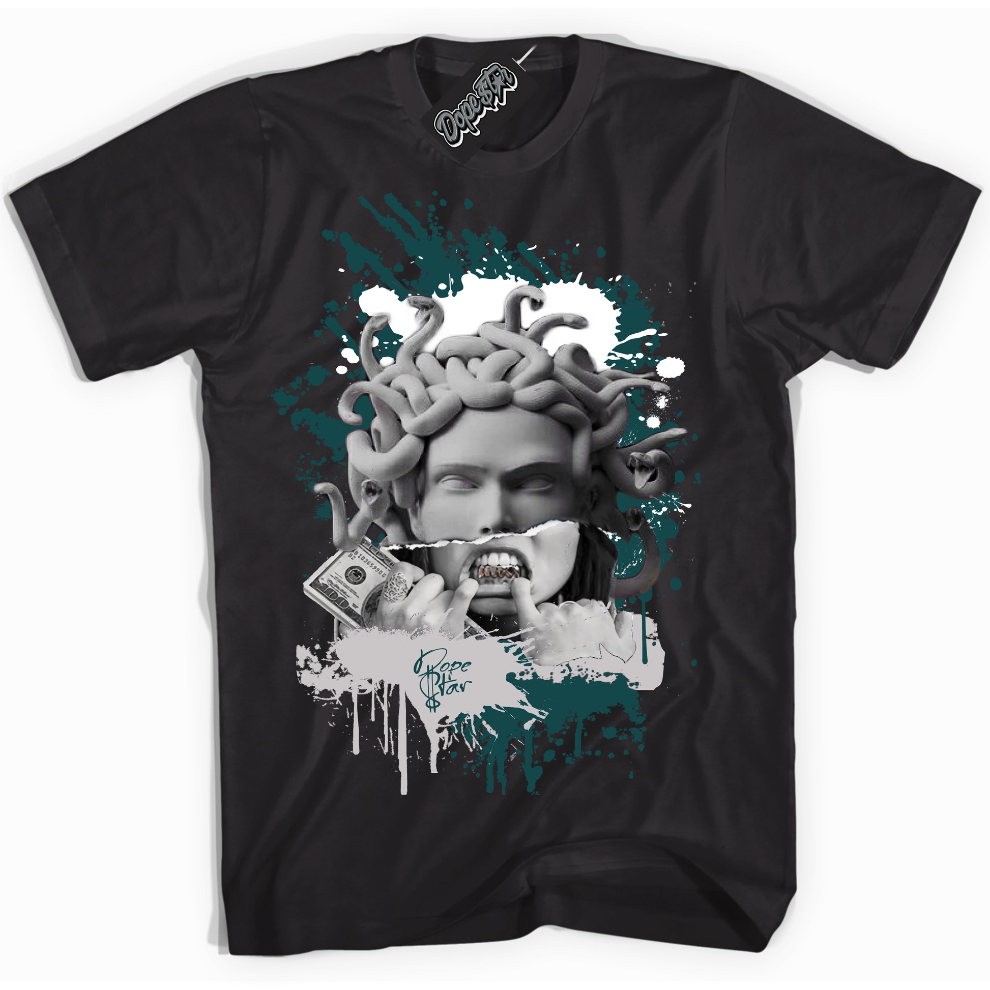 Cool Black Shirt with “ Medusa” design that perfectly matches Oxidized Green 4s Jordans.