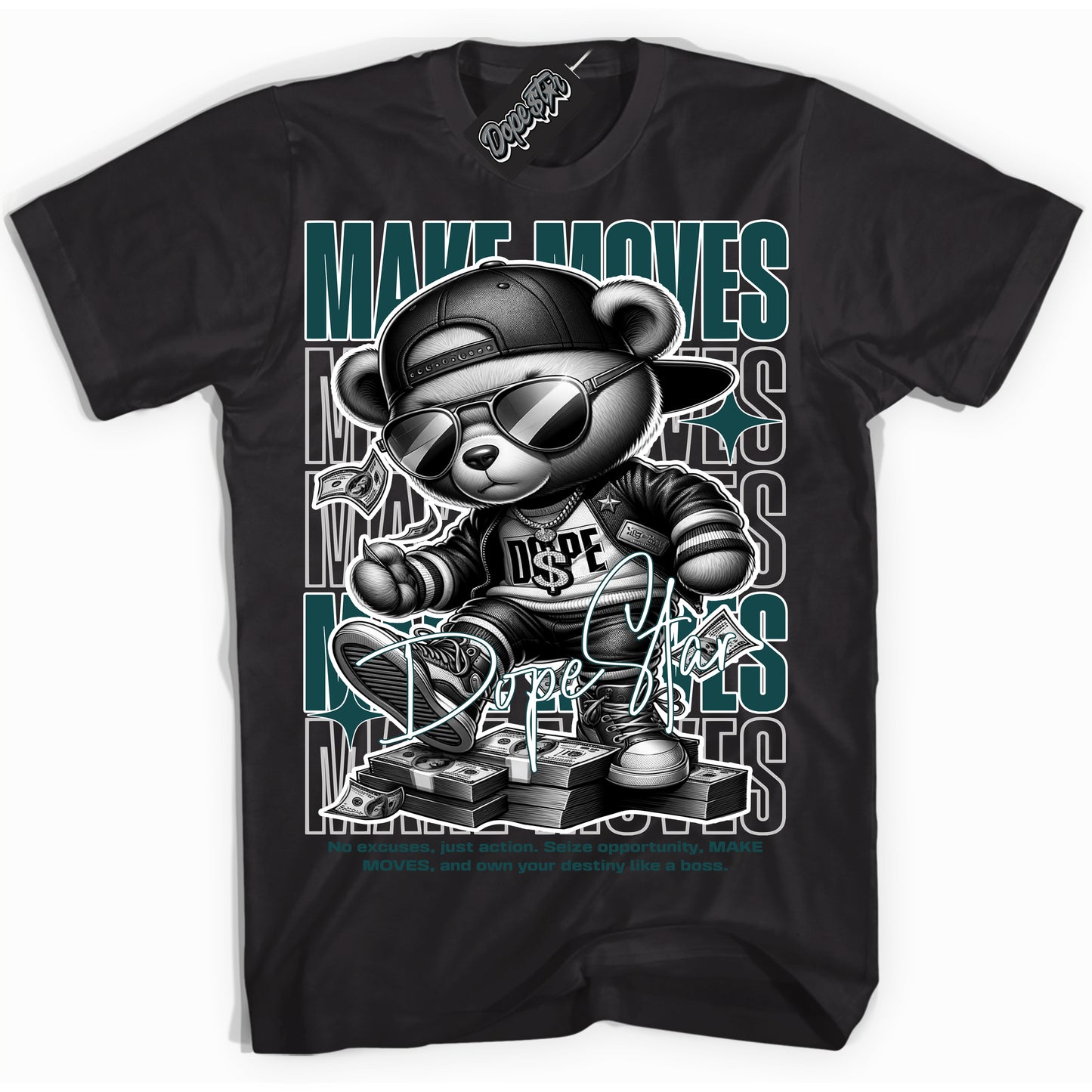 Cool Black Shirt with “ Make Moves” design that perfectly matches Oxidized Green 4s Jordans.
