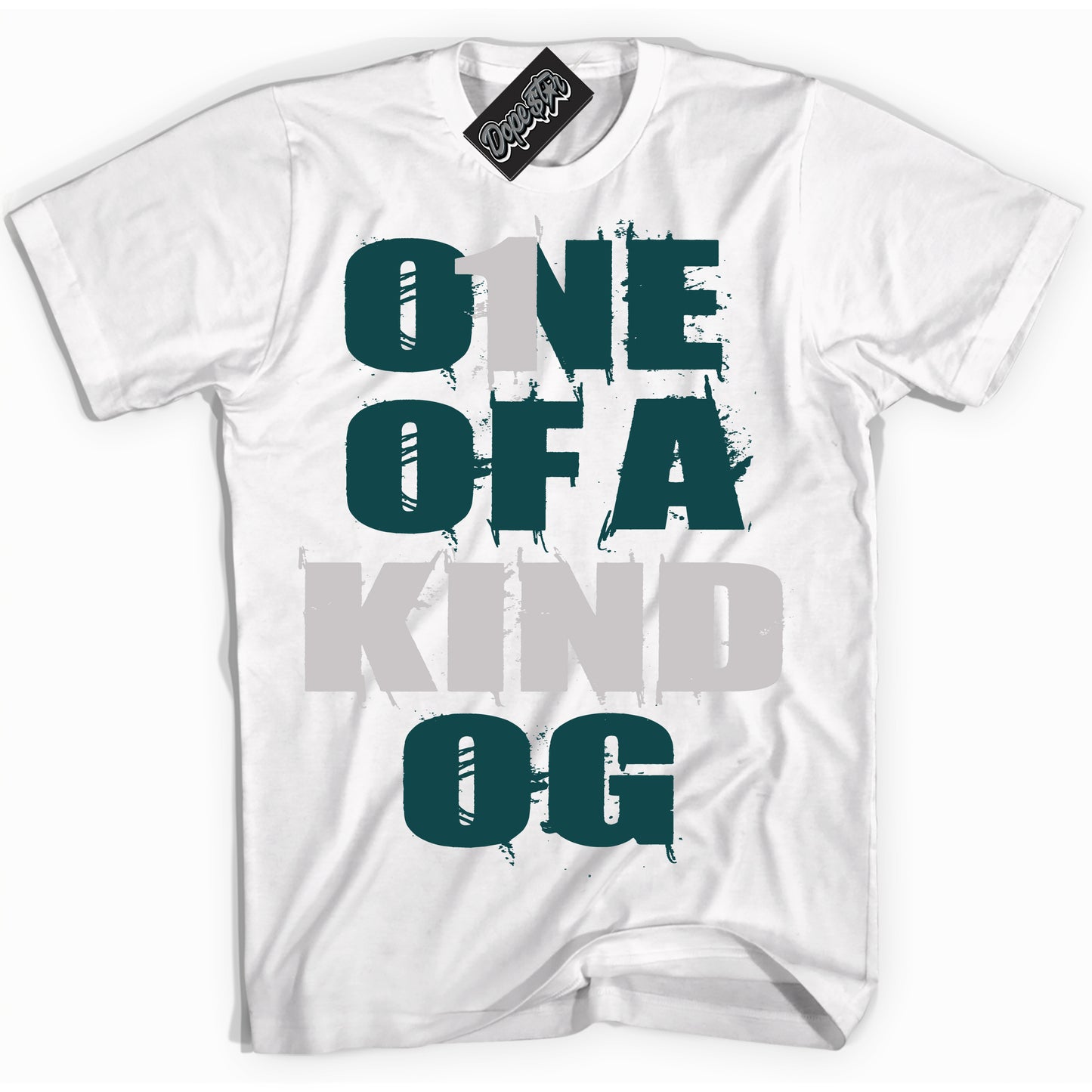 Cool White Shirt with “ One Of A Kind” design that perfectly matches Oxidized Green 4s Jordans.