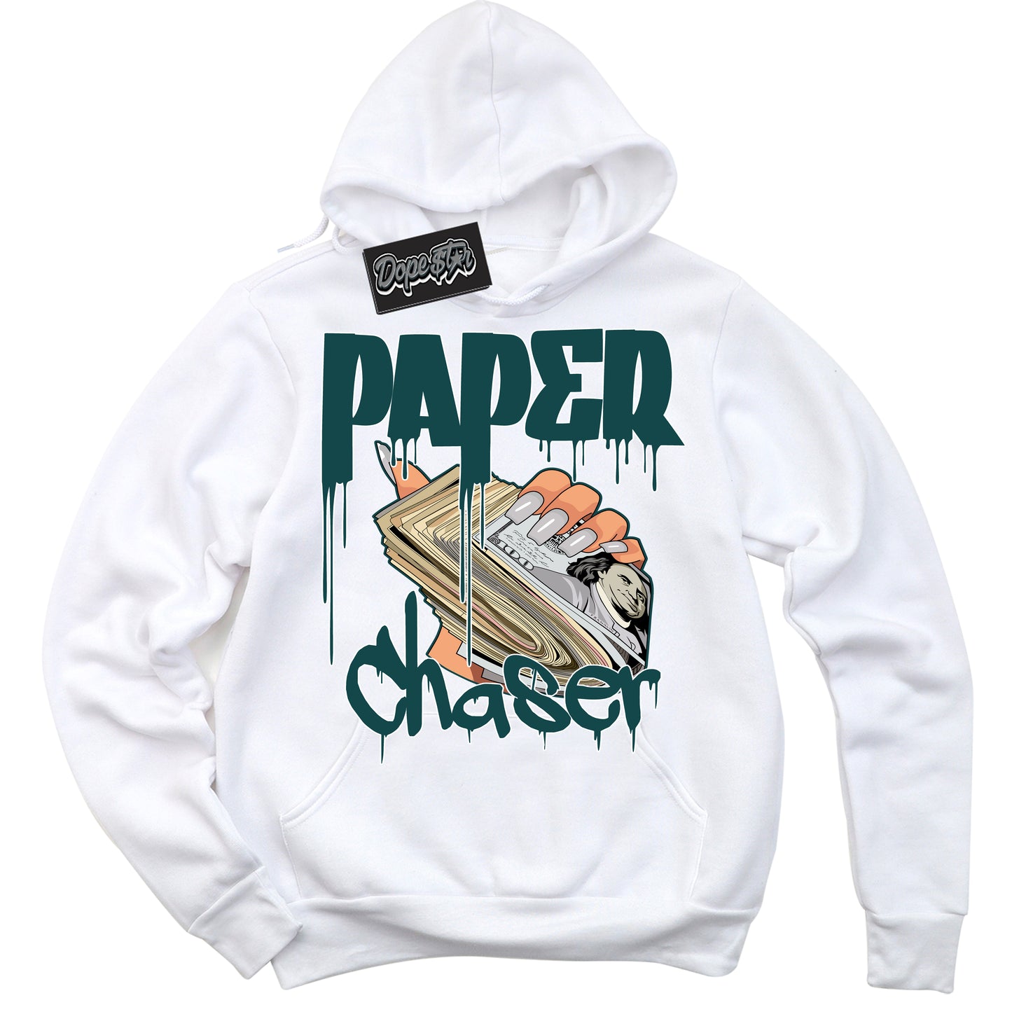Cool White Hoodie with “ Paper Chaser ”  design that Perfectly Matches Oxidized Green 4s Jordans.