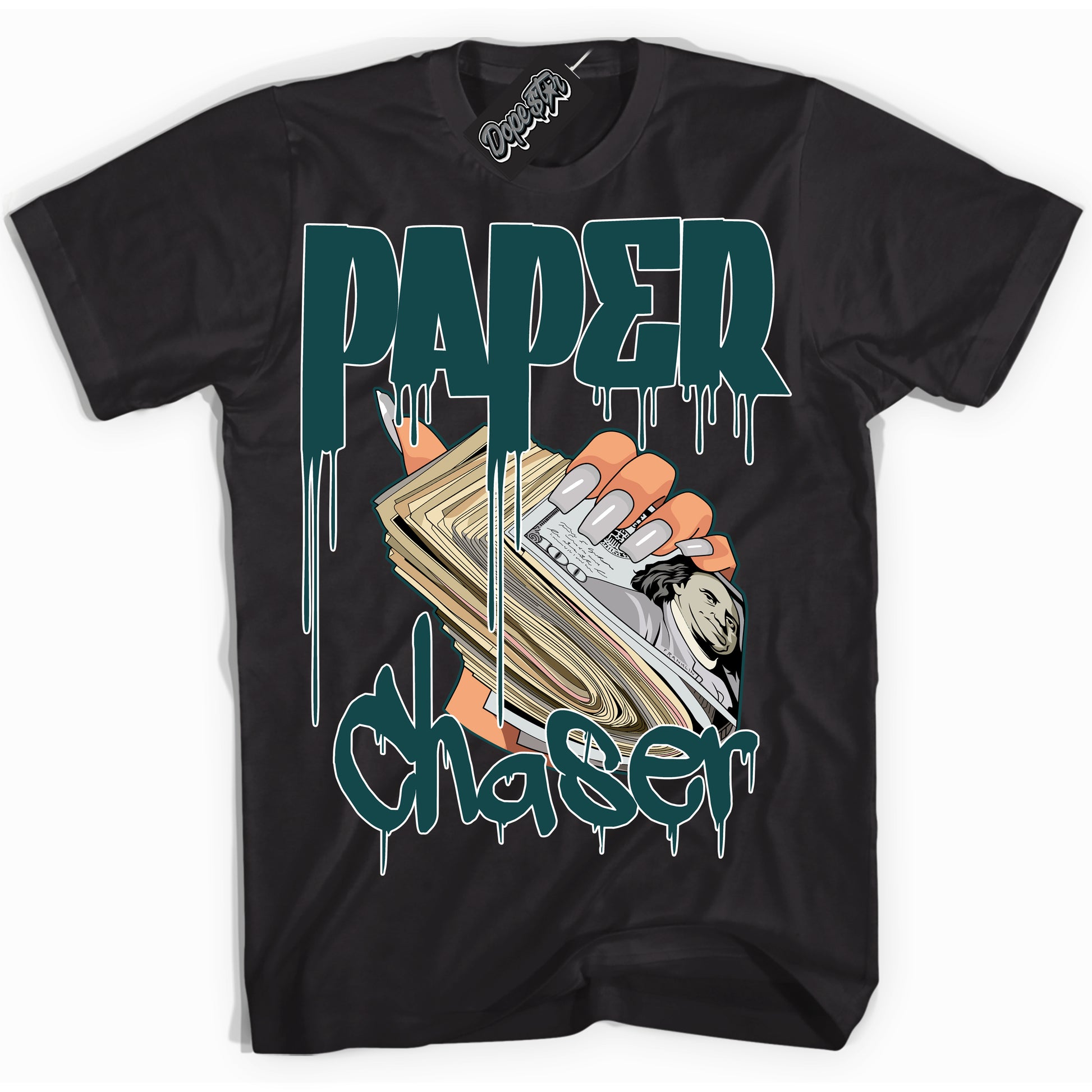 Cool Black Shirt with “ Paper Chaser” design that perfectly matches Oxidized Green 4s Jordans.