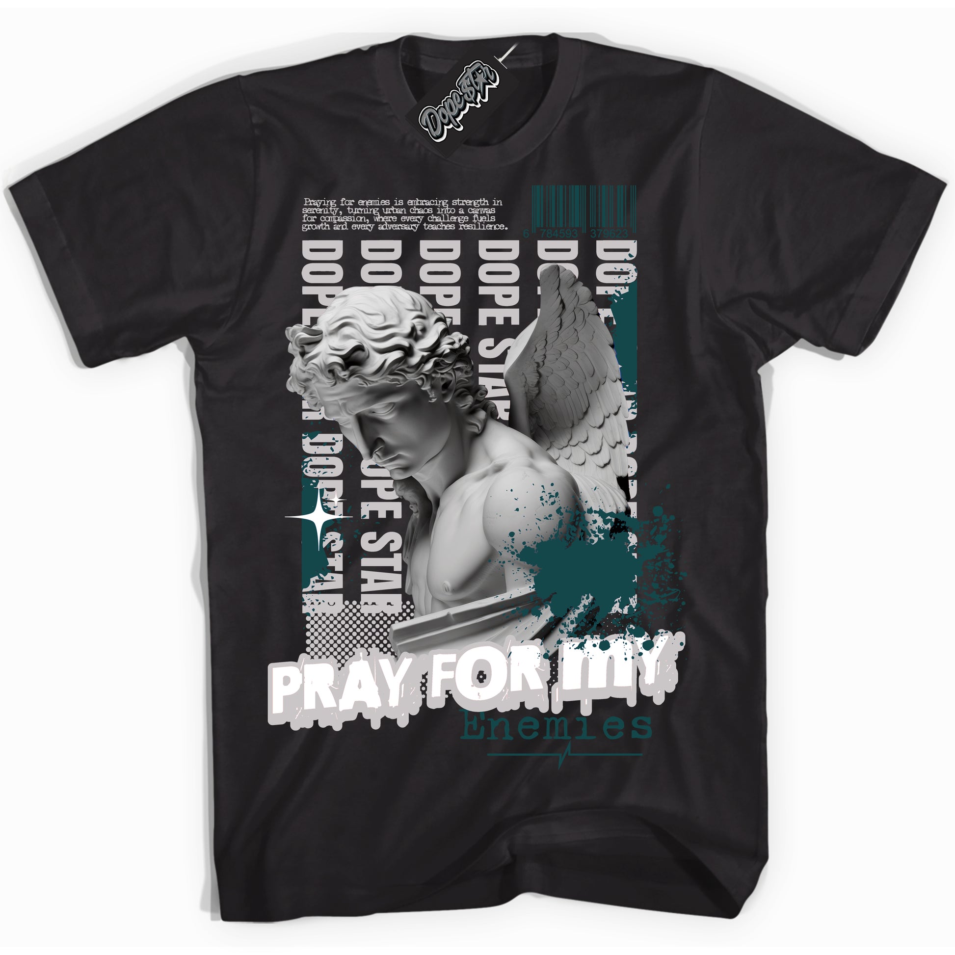 Cool Black Shirt with “ Pray Enemies” design that perfectly matches Oxidized Green 4s Jordans.