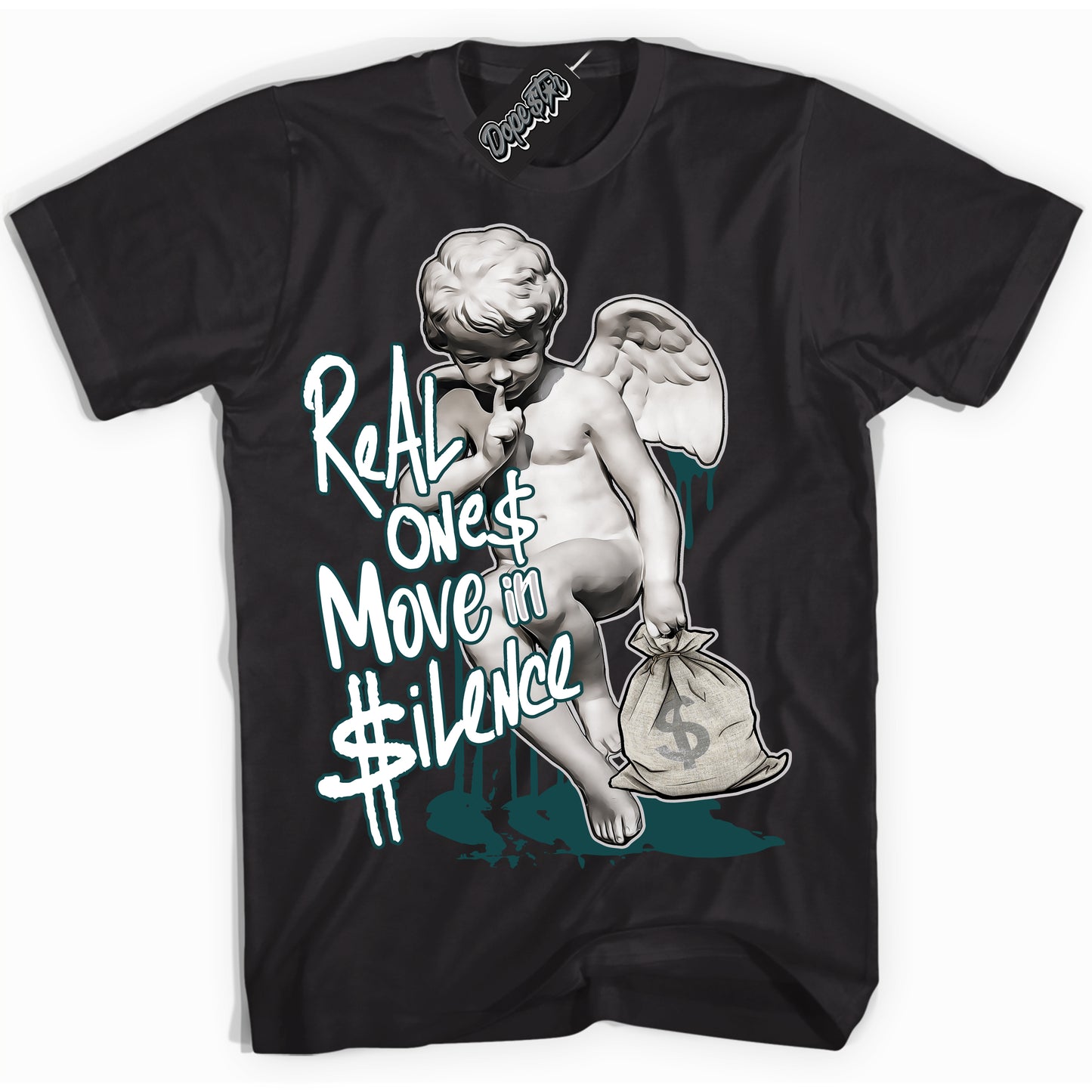 Cool Black Shirt with “ Real Ones Cherub” design that perfectly matches Oxidized Green 4s Jordans.