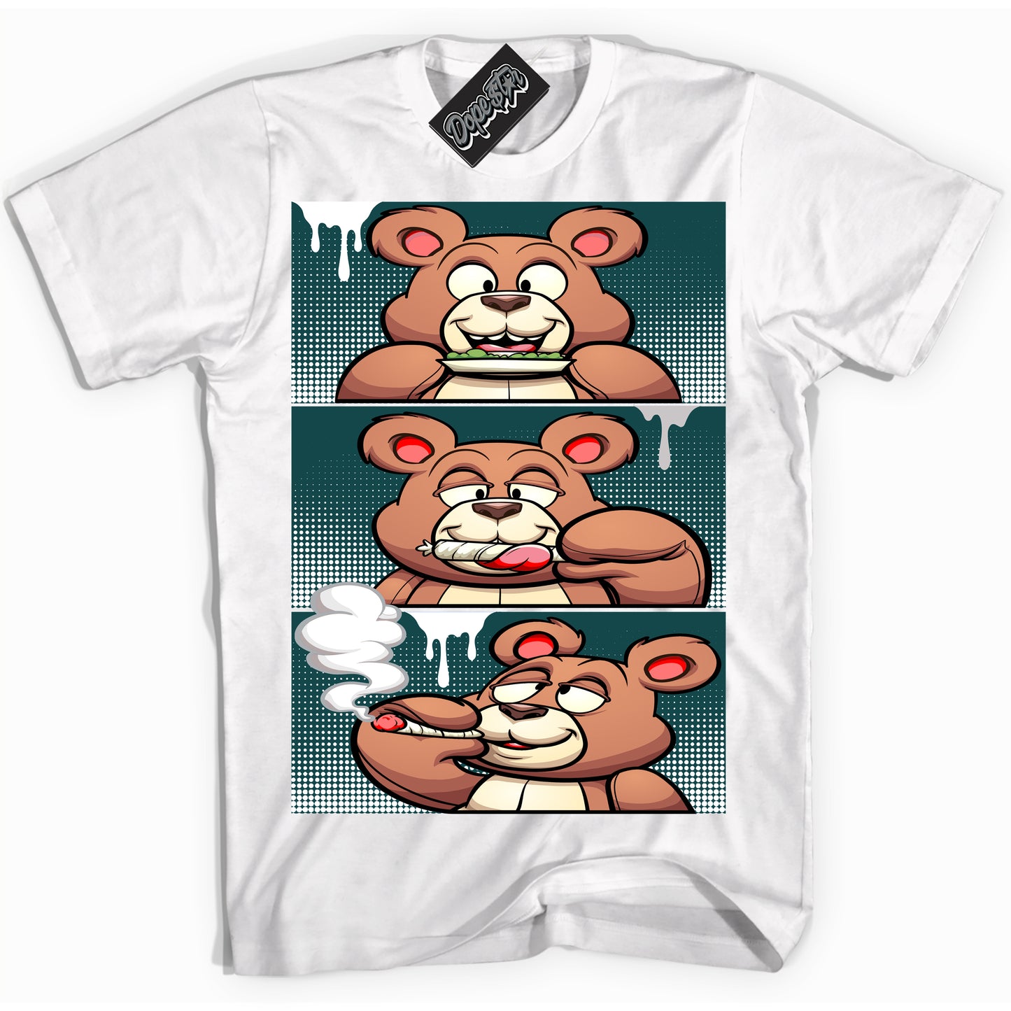 Cool White Shirt with “ Roll It Lick It Smoke It Bear ” design that perfectly matches Oxidized Green 4s Jordans.