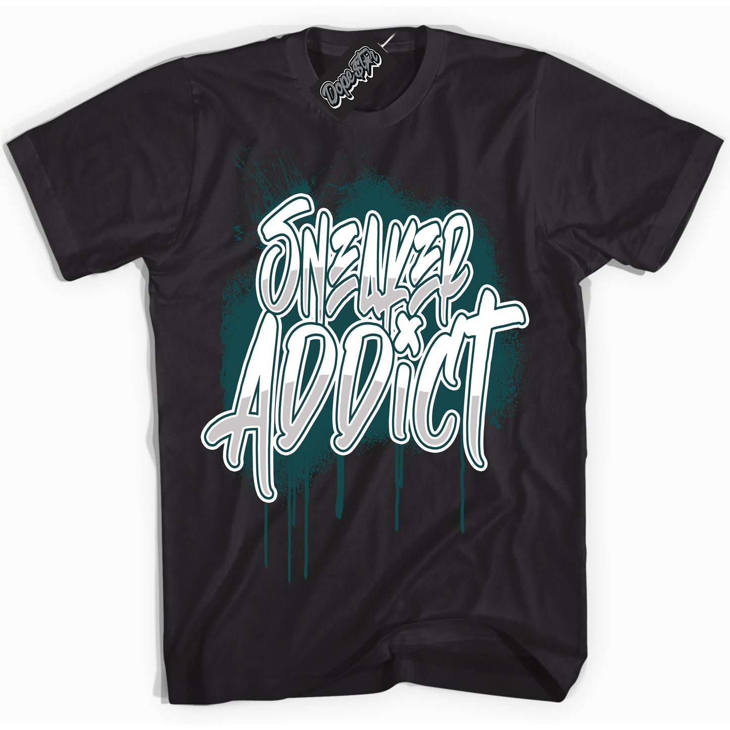 Cool Black Shirt with “ Sneaker Addict ” design that perfectly matches Oxidized Green 4s Jordans.