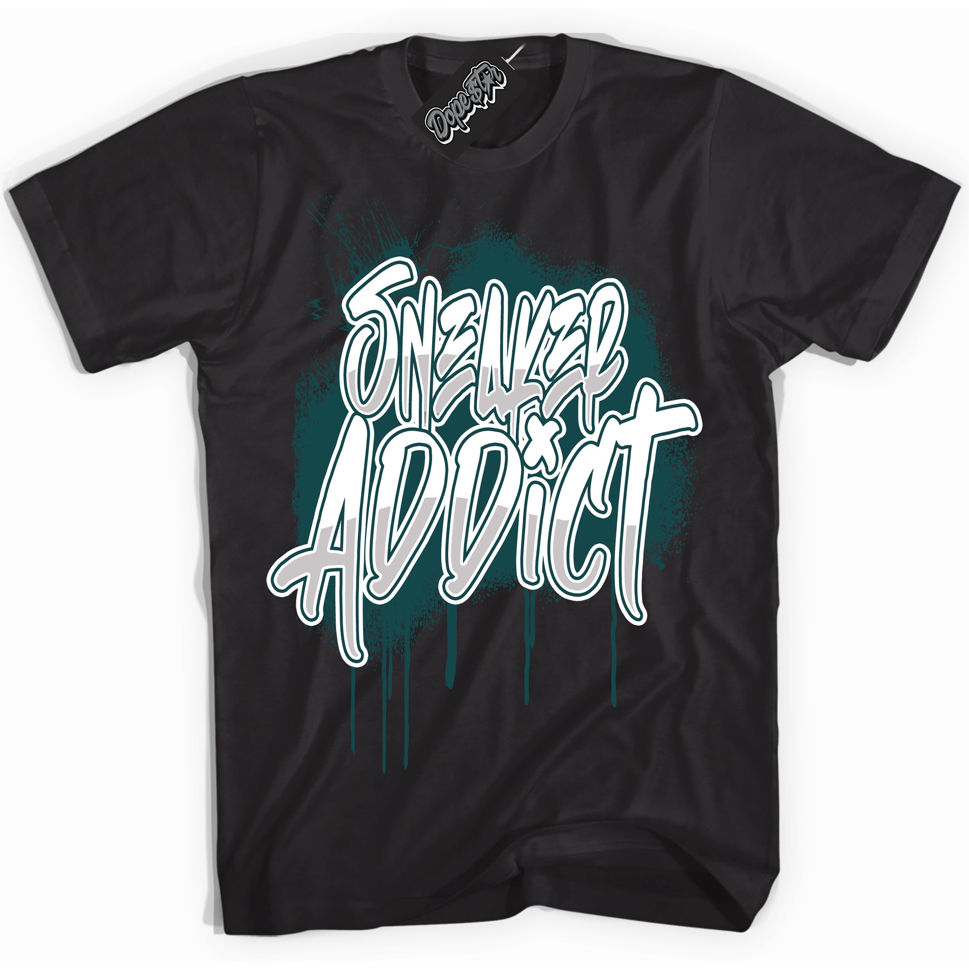 Cool Black Shirt with “ Sneaker Addict ” design that perfectly matches Oxidized Green 4s Jordans.