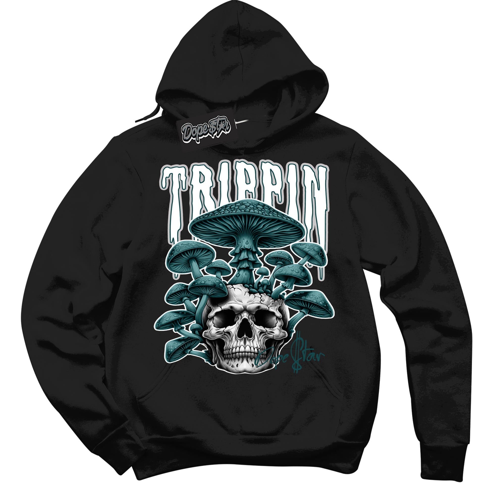 Cool Black Hoodie with “ Trippin ”  design that Perfectly Matches Oxidized Green 4s Jordans.