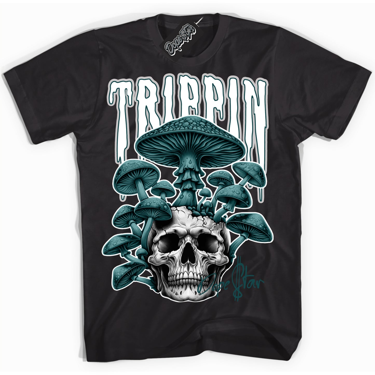 Cool Black Shirt with “ Trippin” design that perfectly matches Oxidized Green 4s Jordans.