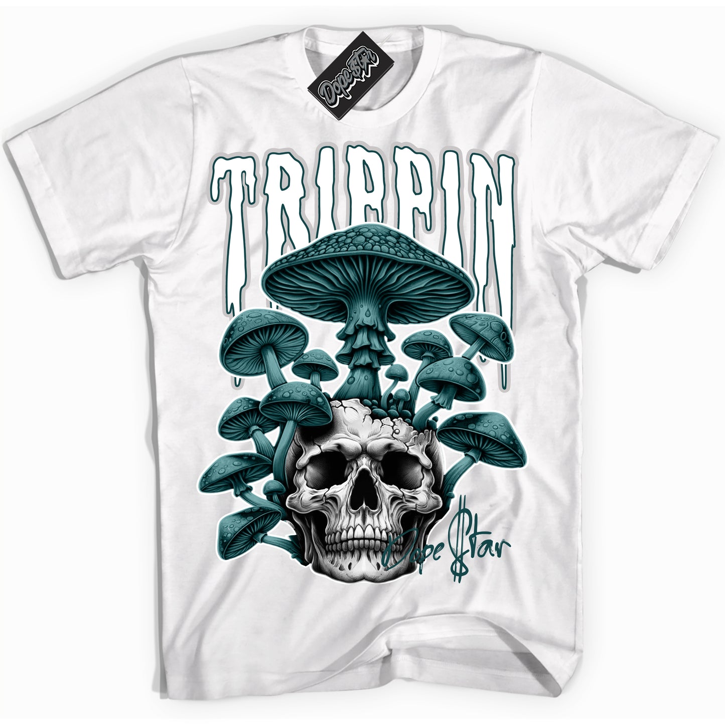 Cool White Shirt with “ Trippin” design that perfectly matches Oxidized Green 4s Jordans.
