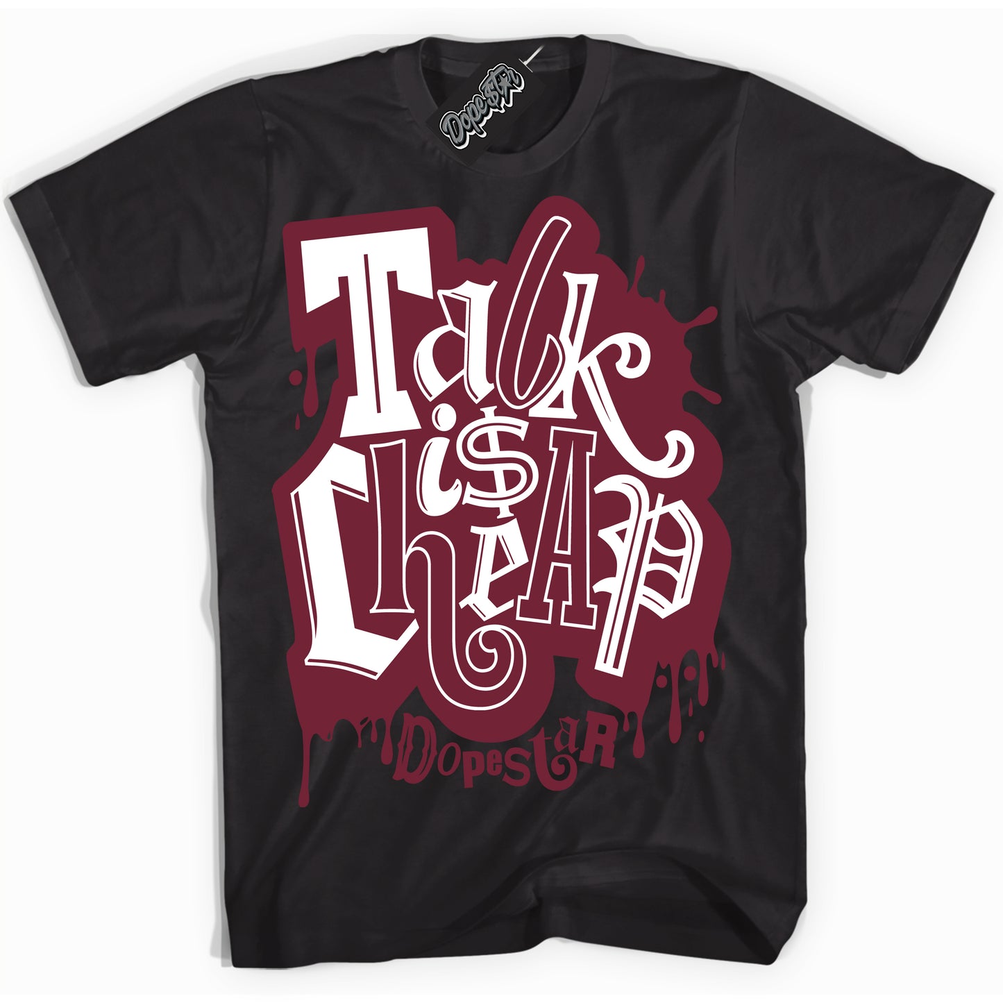 Cool Black Shirt with “Talk Is Cheap” design that perfectly matches the Rings Team Red 6s Jordans.